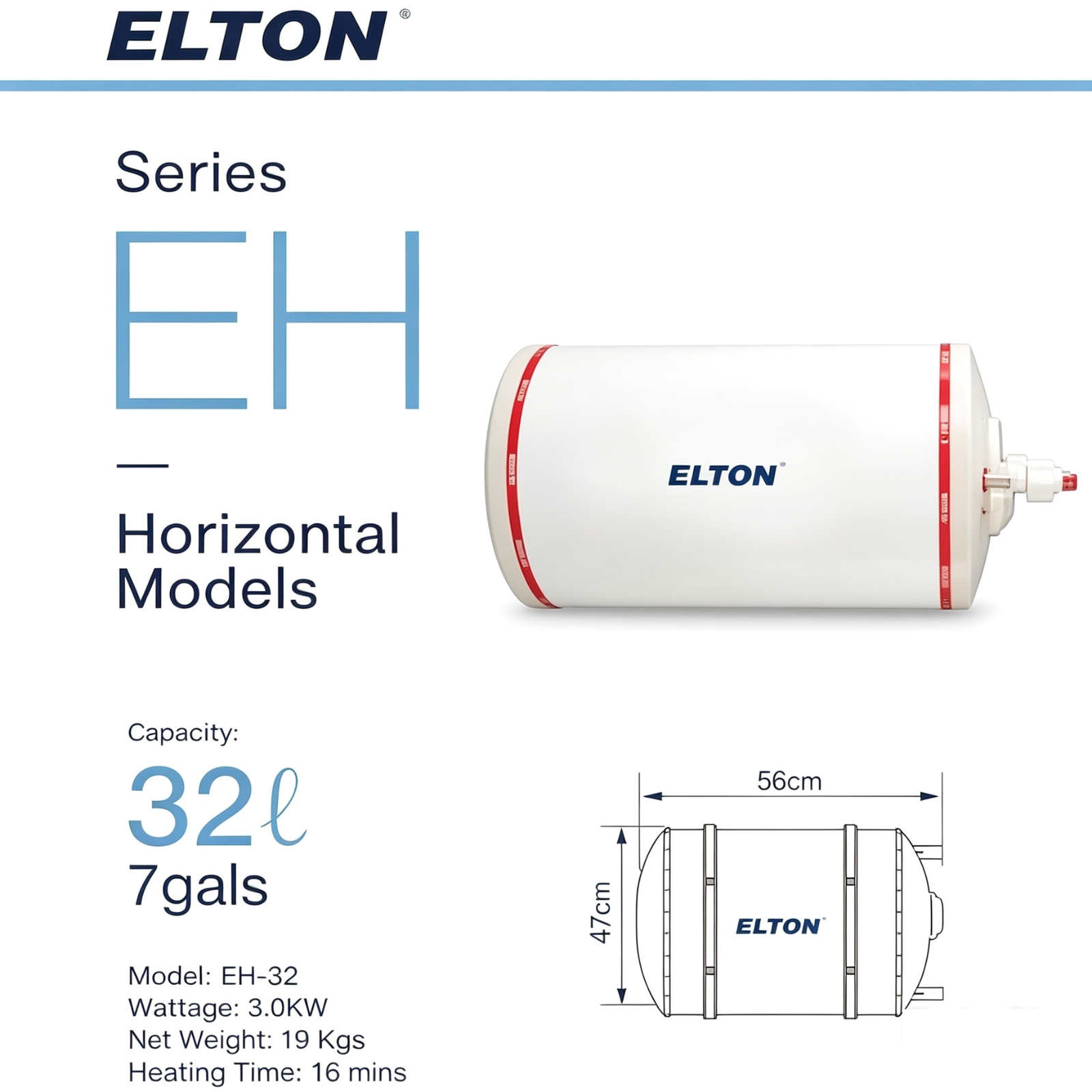 ELTON EH-32 32L Horizontal Storage Water Heater Fast Heating 3.0KW Stainless Steel Tank Hot Water System