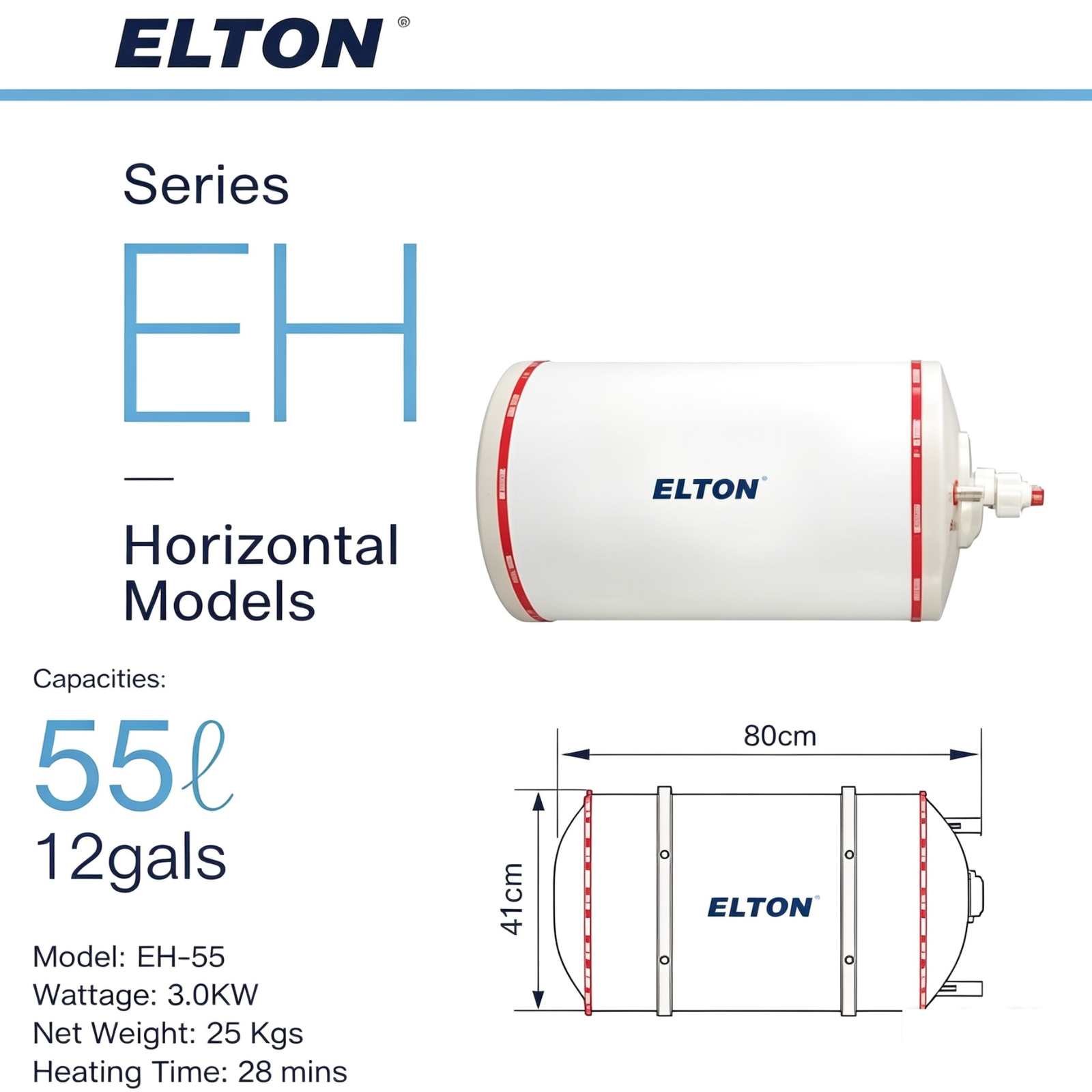 ELTON EH-55 55L 12gals Horizontal Storage Water Heater Fast Heating 3.0KW Stainless Steel Tank Hot Water System