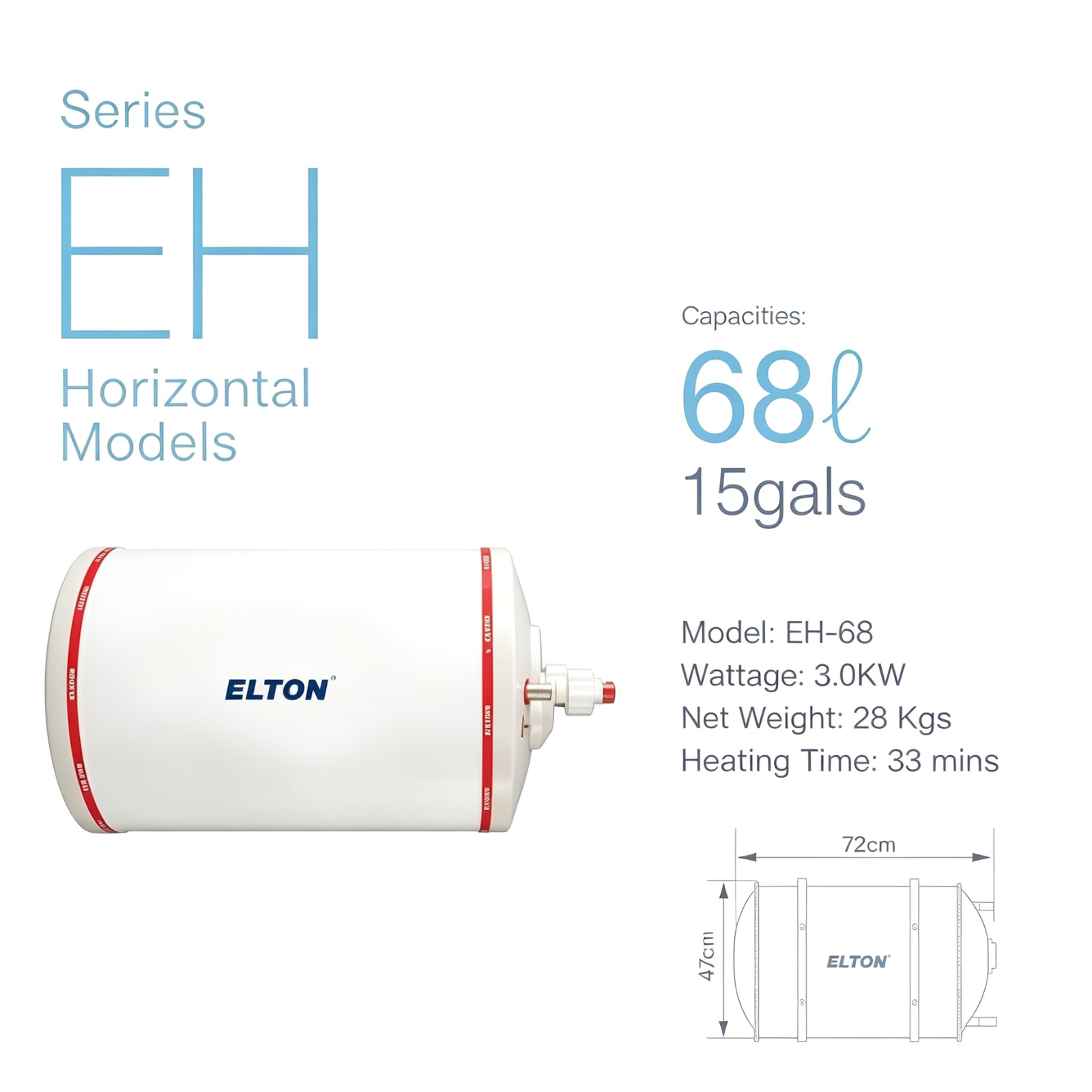 ELTON EH-68 68L 15gals Horizontal Storage Water Heater Fast Heating 3.0KW Stainless Steel Tank Hot Water System
