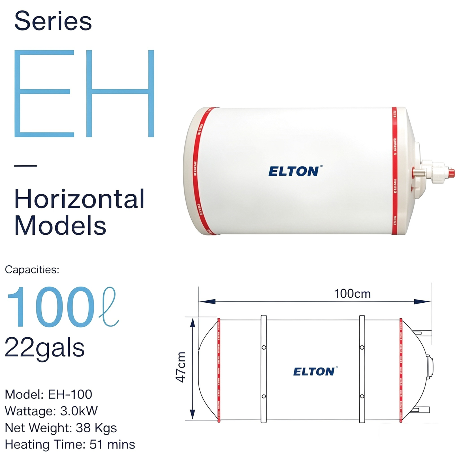 ELTON EH-100 100L 22gals Horizontal Storage Water Heater Fast Heating 3.0KW Stainless Steel Tank Hot Water System