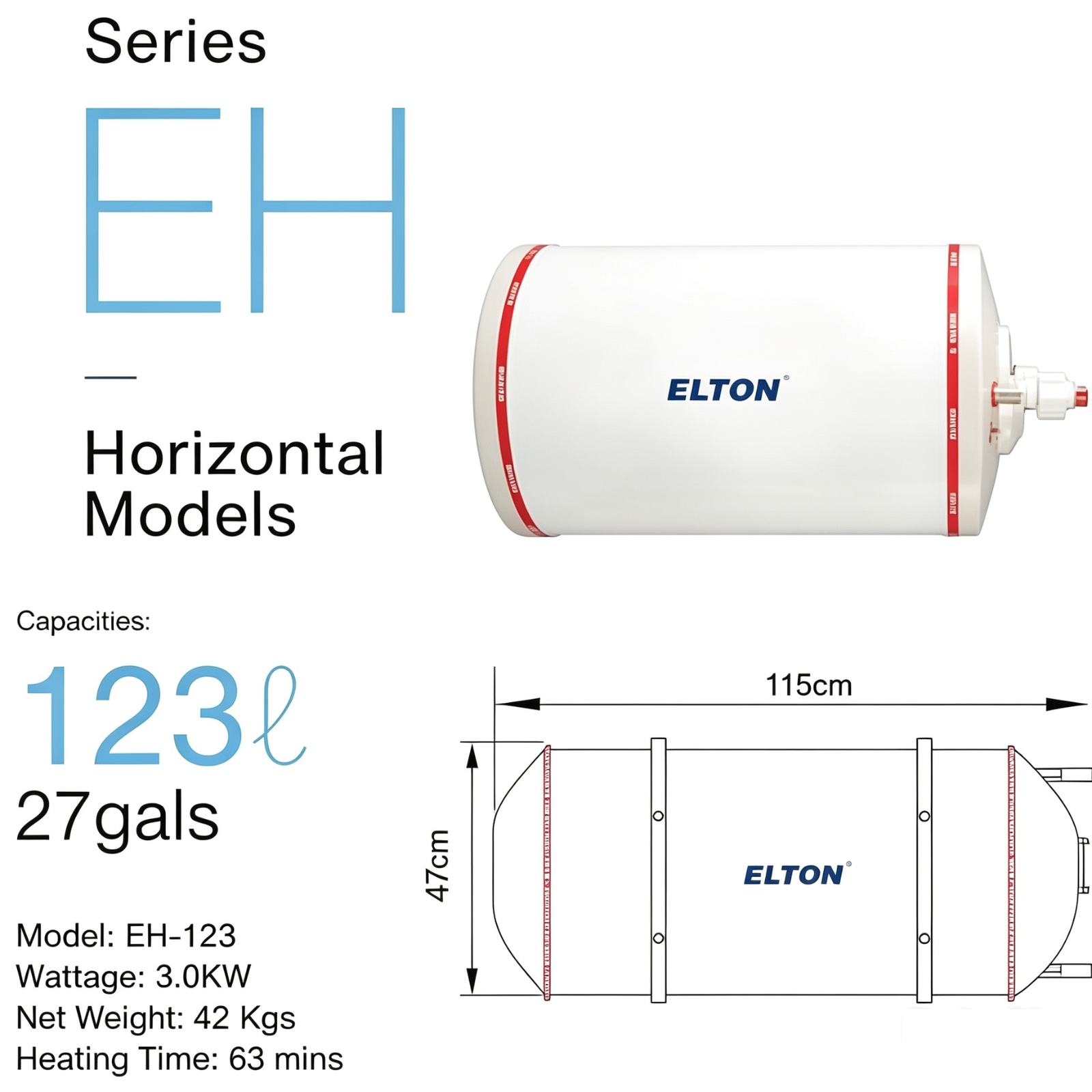 ELTON EH-123 123L 27gals Horizontal Storage Water Heater Fast Heating 3.0KW Stainless Steel Tank Hot Water System