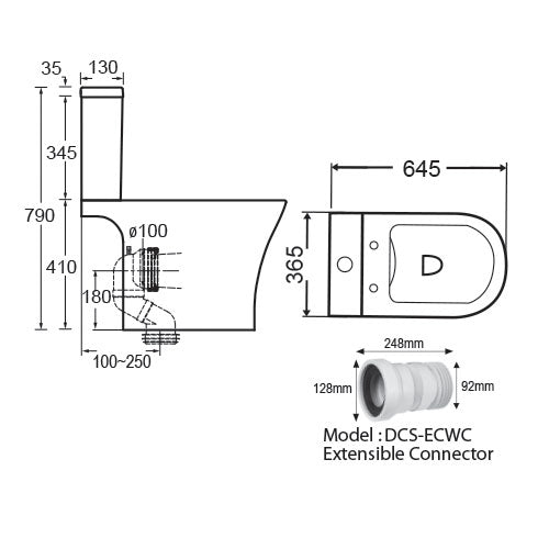 Docasa WD088P-trap 180mm S-Trap 100mm till 250mm Bathroom Closed Couple Rimless WC Water Closet 2 Piece Jamban Duduk