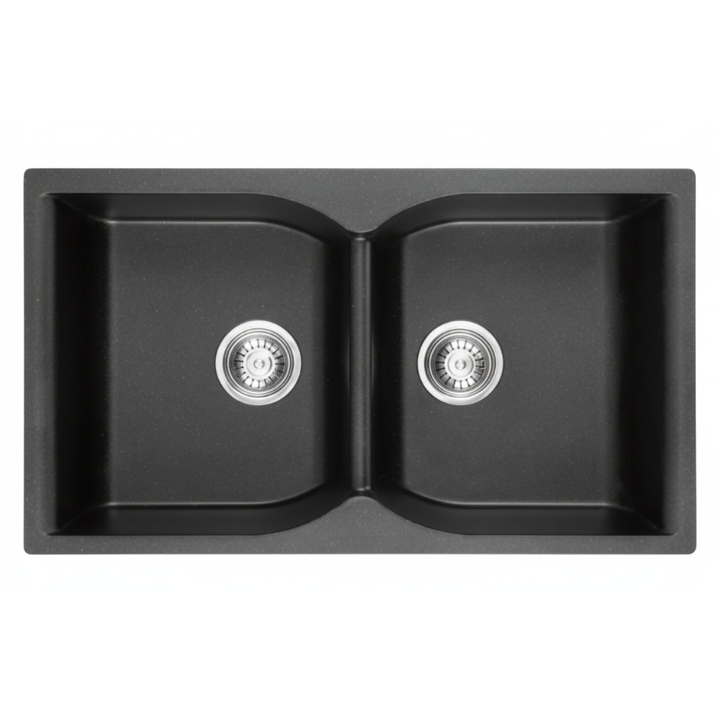GLORY GL8650-B 860mm Granite Stone Kitchen Sink Top-Mount Double Bowl Matt Sinki Dapur