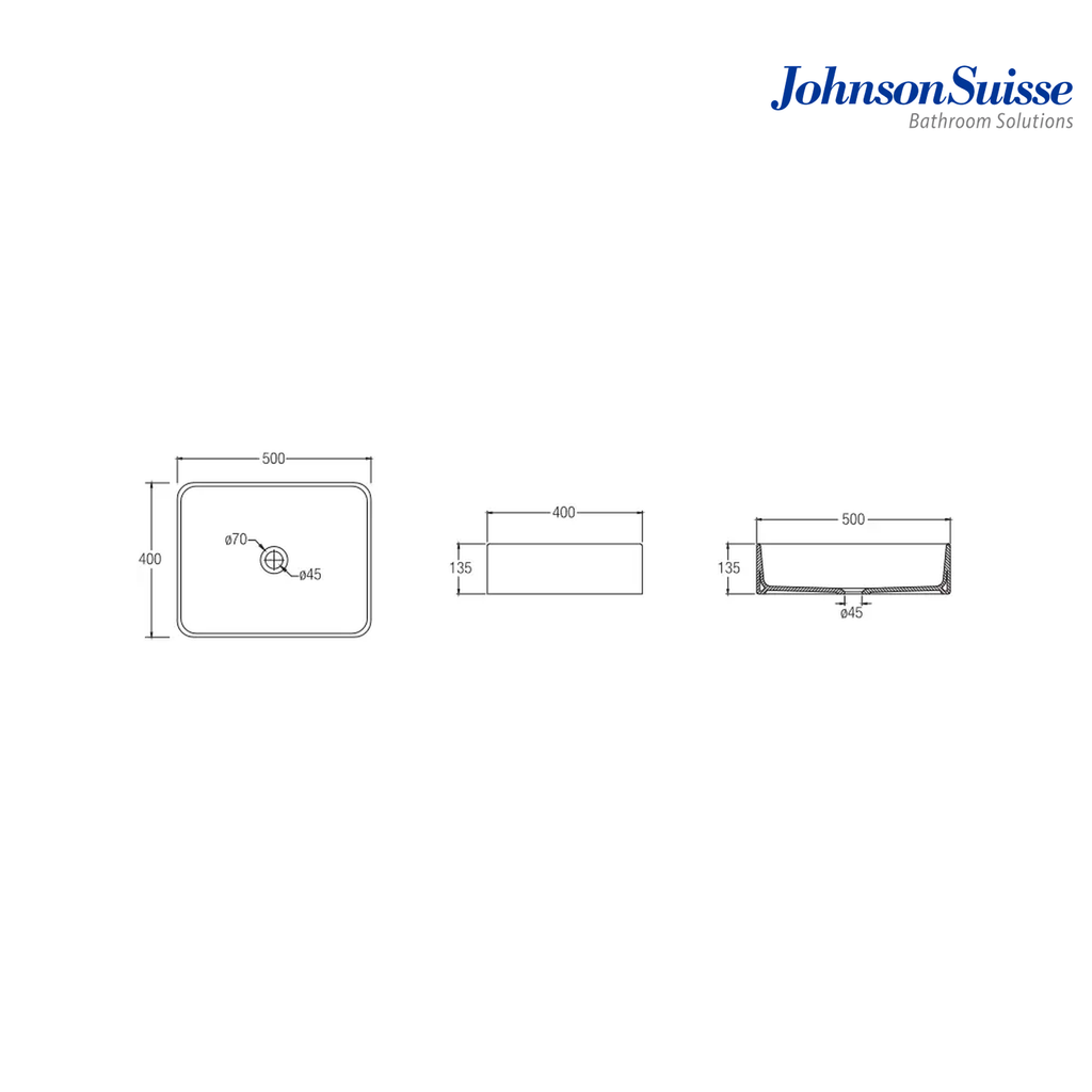 Johnson Suisse Valencia WBVC950141WW 500mm Slim Rectangular Above Counter Basin | White