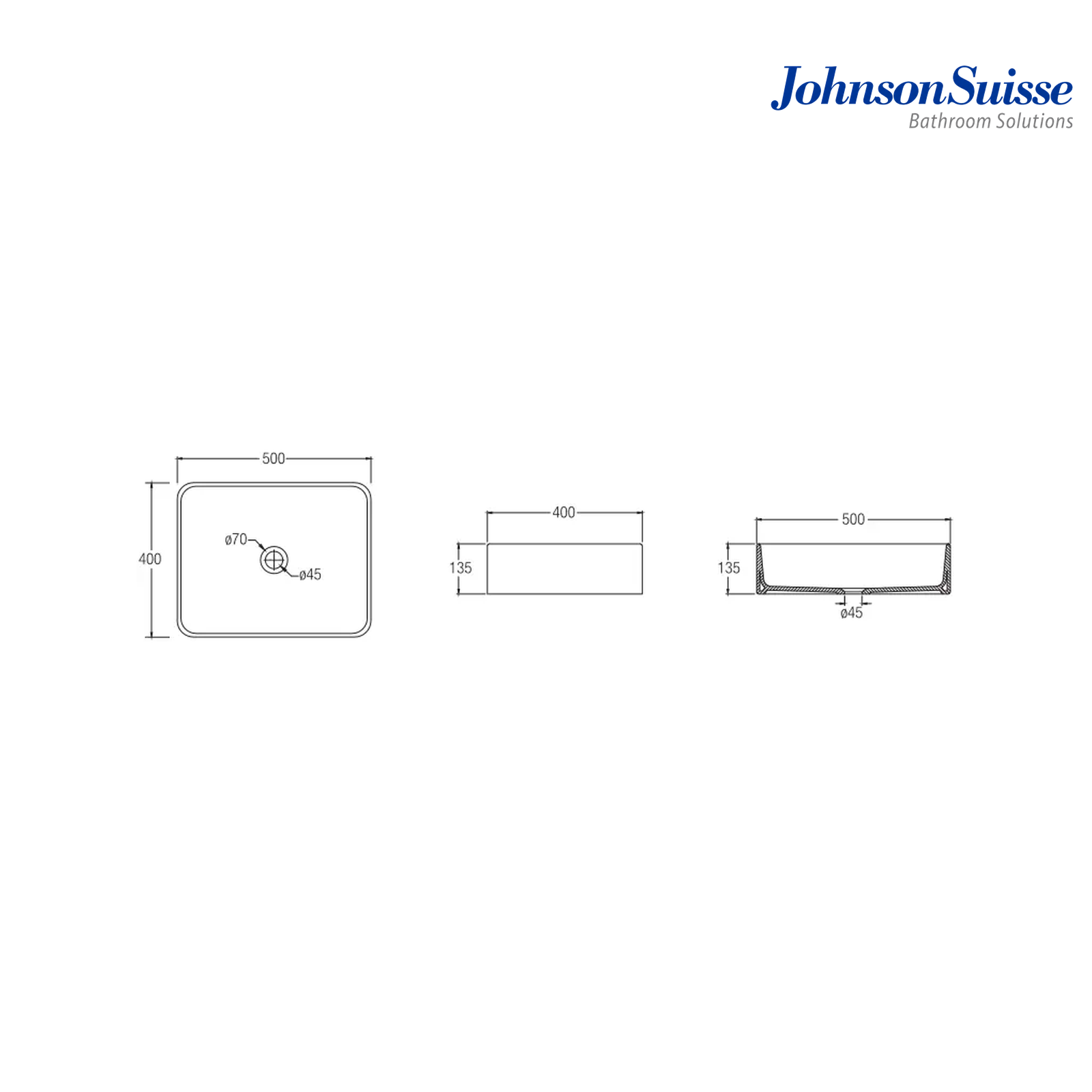 Johnson Suisse Valencia WBVC950141WW 500mm Slim Rectangular Above Counter Basin | White