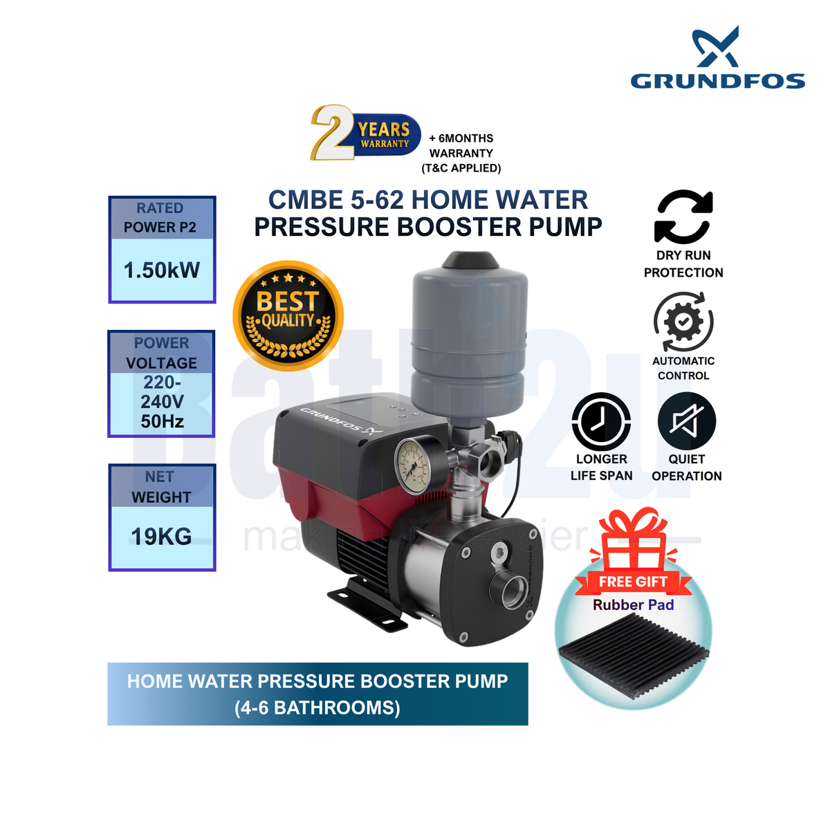 Grundfos CMBE5-62 1.5 kW 240V Variable Speed Constant Pressure Booster Pump | Stainless-Steel Green or Grey