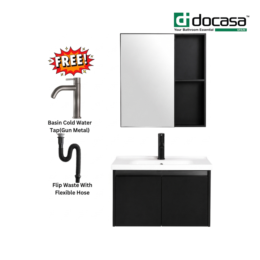 Docasa 604038-BC-BLK+604038-MR 600mm Basin Cabinet Set with Mirror Cabinet | Matt Black