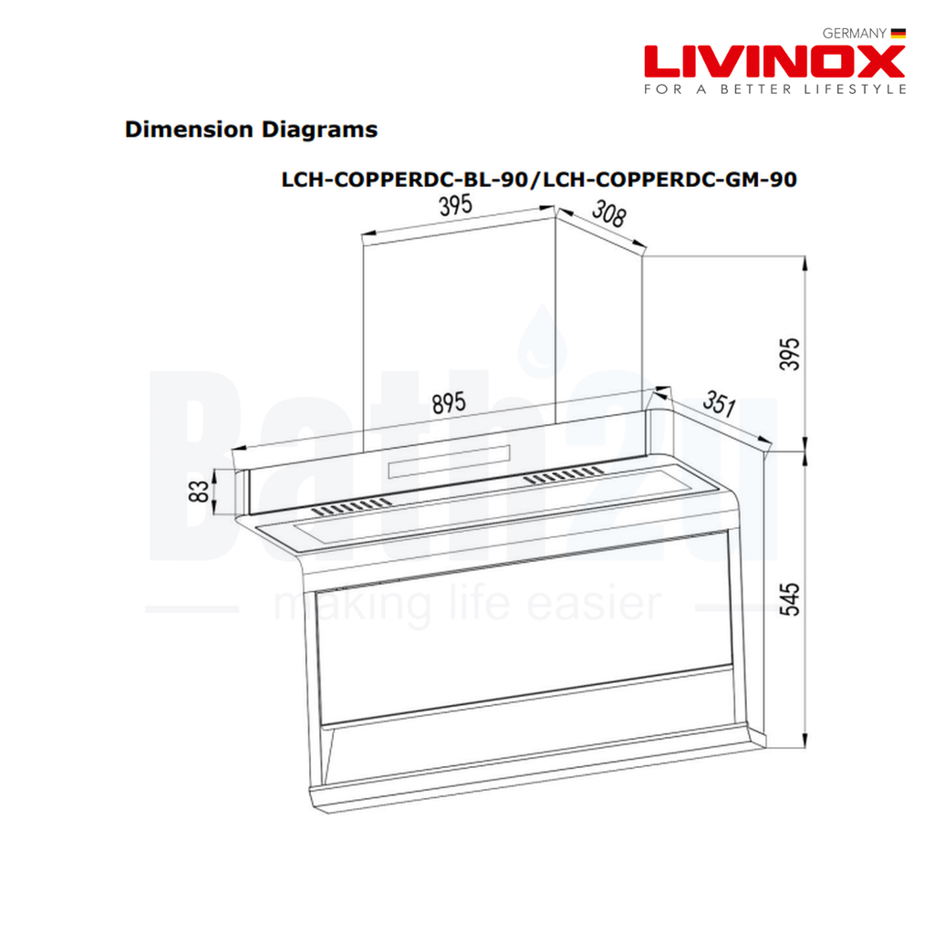 LIVINOX LCH-COPPERDC-GM-90 | 90Centimeter 2150 m³/h Touchless Smart Motion Sensor Cooker Hood | Gun Metal Coated Stainless Steel and Tempered Glass