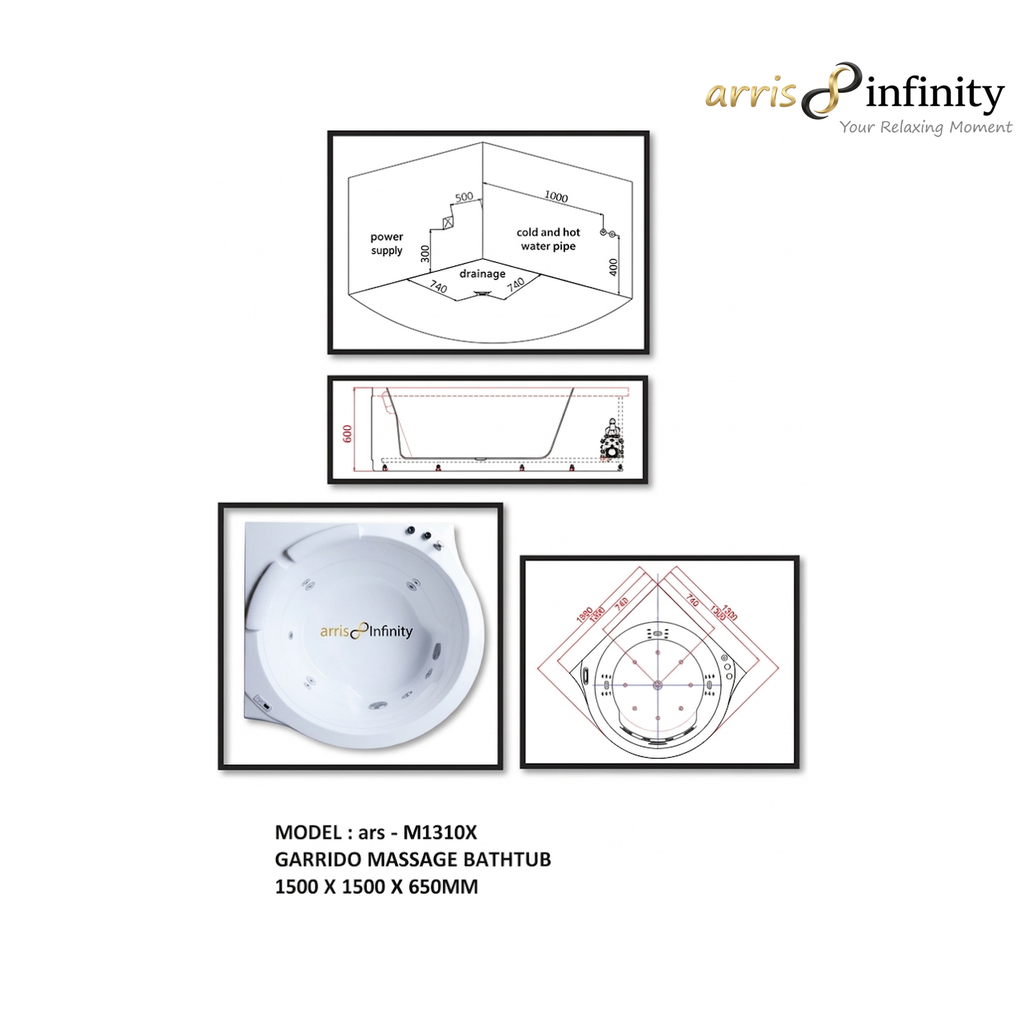 ARRIS INFINITY Garrido 1500mm Circular Massage Bathtub | White