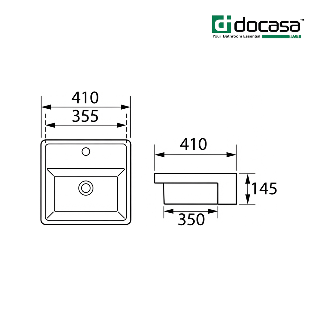 Docasa 410SR 410mm Ceramic Semi Recessed Basin | White Modern Wash Sink for Bathroom & Toilet