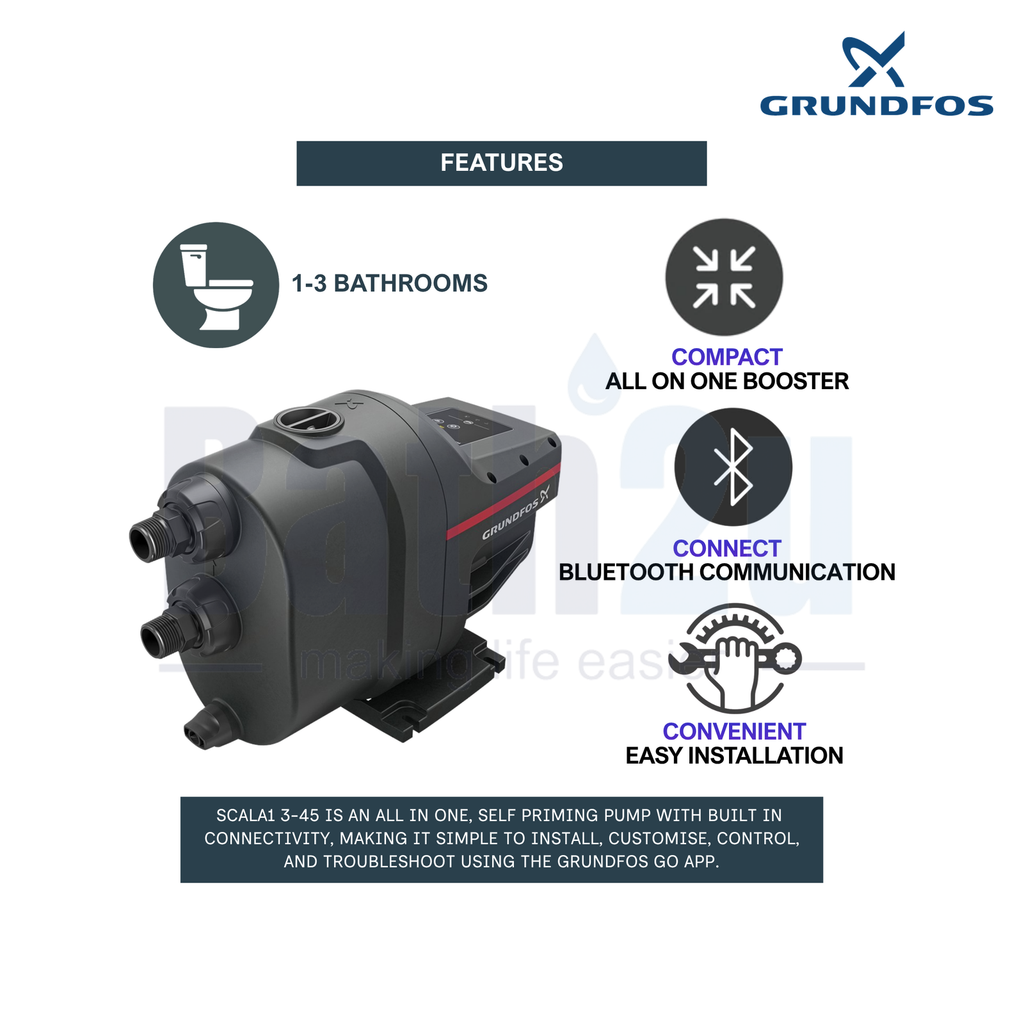 Grundfos SCALA1 3-45 Smart Home Booster Water Pump  with Bluetooth Control | Quiet Self-Priming High Pressure Pump for 1-3 Bathrooms | 0.58kW