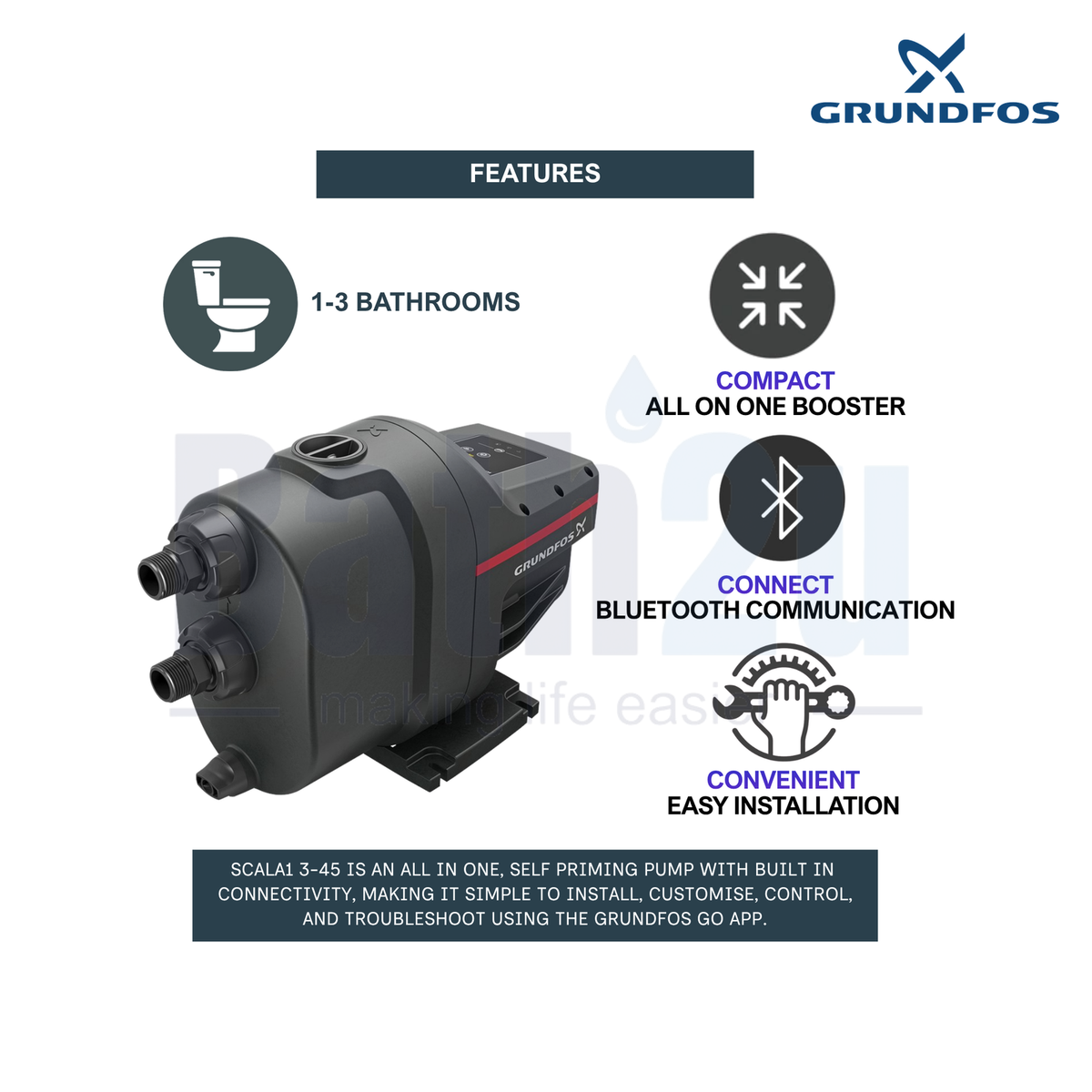 Grundfos SCALA1 3-45 Smart Home Booster Water Pump  with Bluetooth Control | Quiet Self-Priming High Pressure Pump for 1-3 Bathrooms | 0.58kW