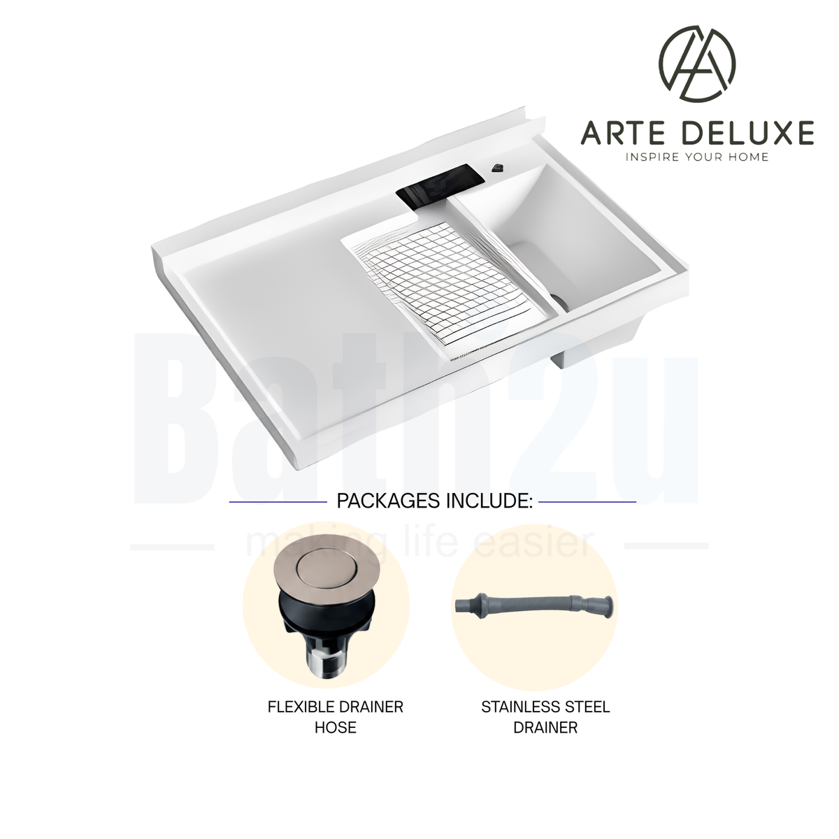 Arte Deluxe Arte Deluxe QS10065WR 1000mm x 650mm Right Integrated Sink Laundry Quartz Stone Integrated Sink | White Quartz Stone