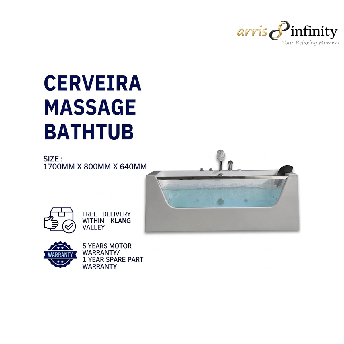 ARRIS INFINITY Cerveira 1700mm Rectangular Massage Bathtub Luxury Jacuzzi| White