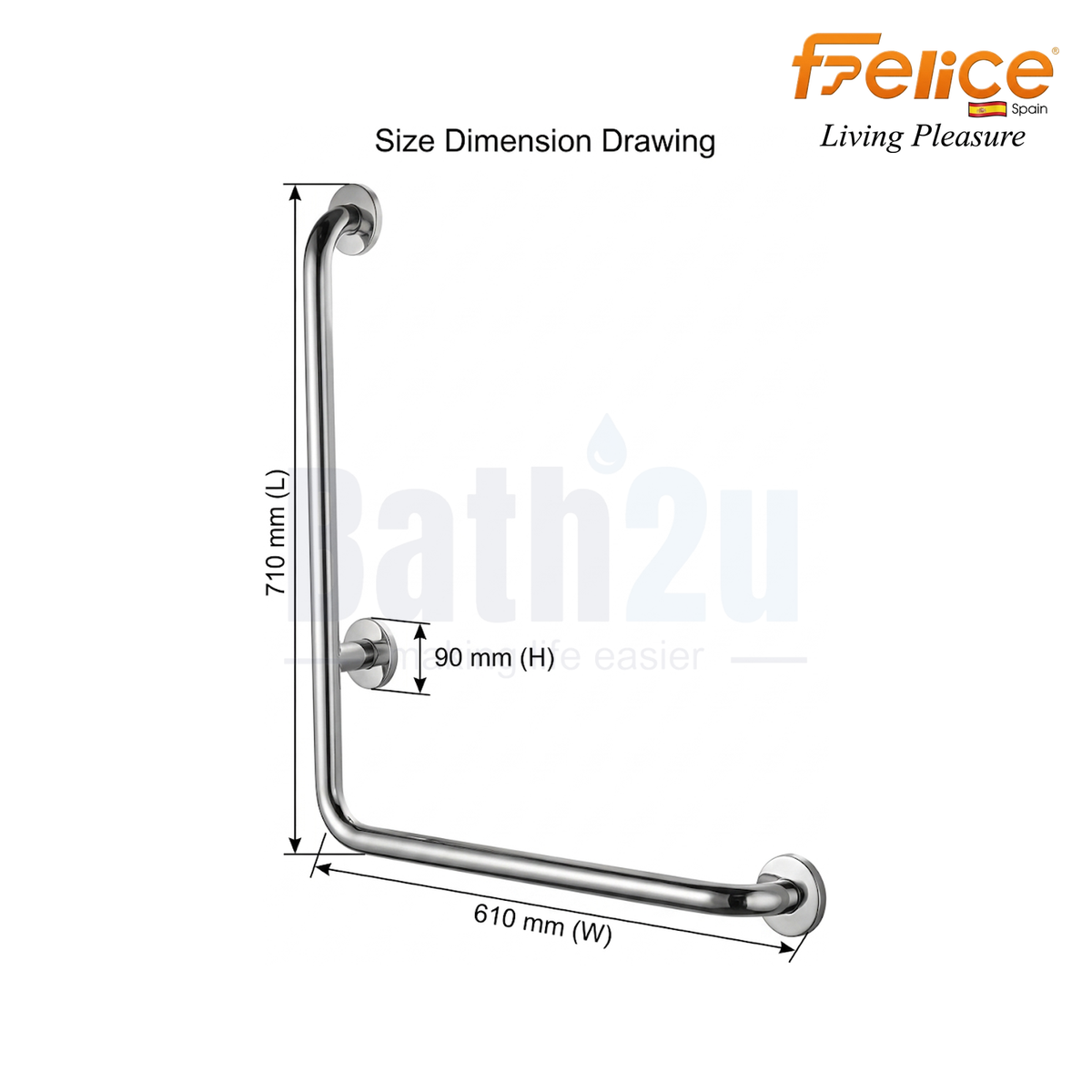 Felice FG-6171-R 610mm L-Shaped Right-Sided Handicap Grab Bar | Chrome