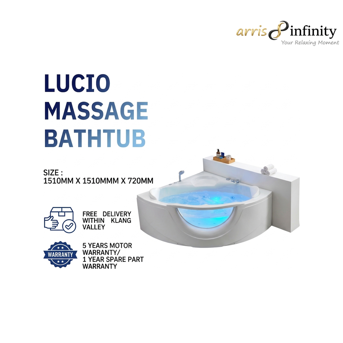 ARRIS INFINITY Lucio 1510mm Triangular Massage Bathtub Luxury Jacuzzi | White