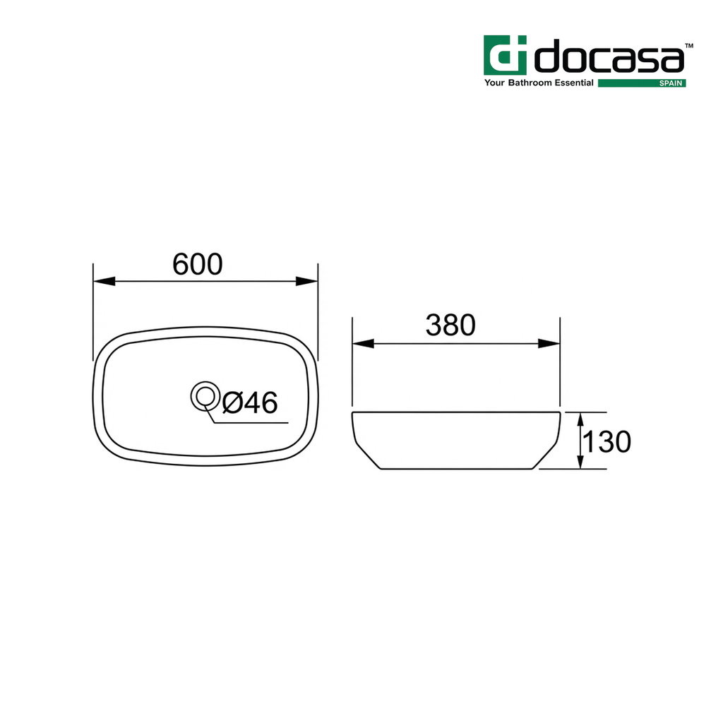 Docasa 285I 600mm Ceramic Counter Top Basin | White Modern Wash Sink for Bathroom & Toilet