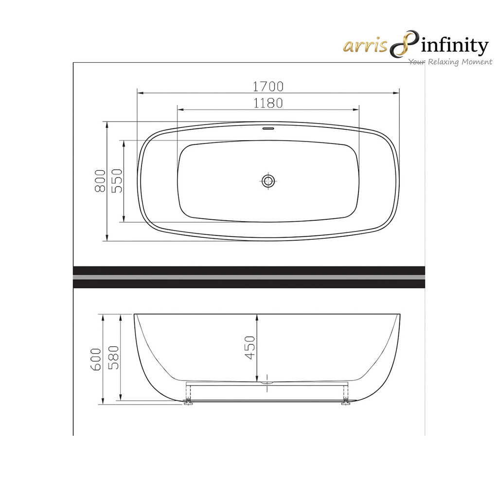 ARRIS INFINITY Europeia 1700mm Rectangular One Piece Luxury Bath Tub | White