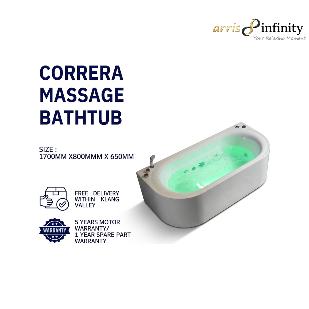 ARRIS INFINITY Correra 1700mm Rectangular Massage Bathtub Luxury Jacuzzi | White