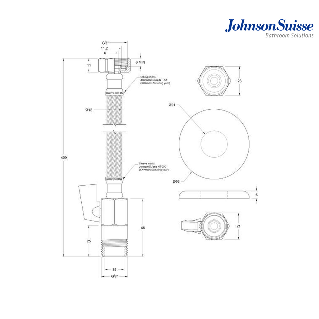 Johnson Suisse WBFA301613CP 400mm Stainless Steel Reinforced Flexible Hose with Angle Valve