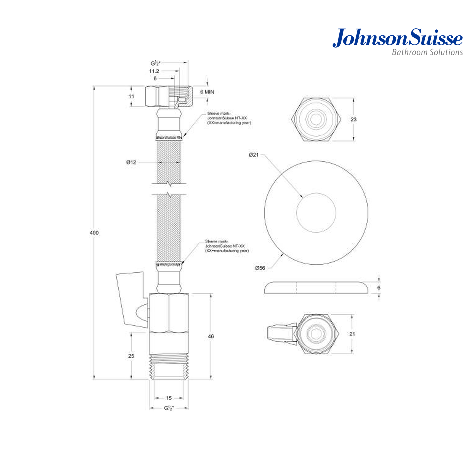 Johnson Suisse WBFA301613CP 400mm Stainless Steel Reinforced Flexible Hose with Angle Valve