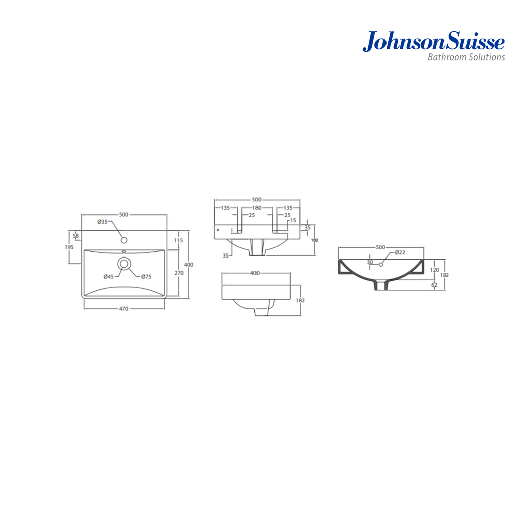 Johnson Suisse Treviso N-500 500mm Rectangular Semi Insert Basin | White