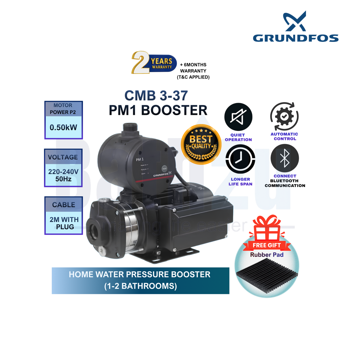 Grundfos CMB3-37PM1 0.67HP Automatic Pressure Manager Water Booster Pump | Cast Iron Housing and Stainless Steel Impellers