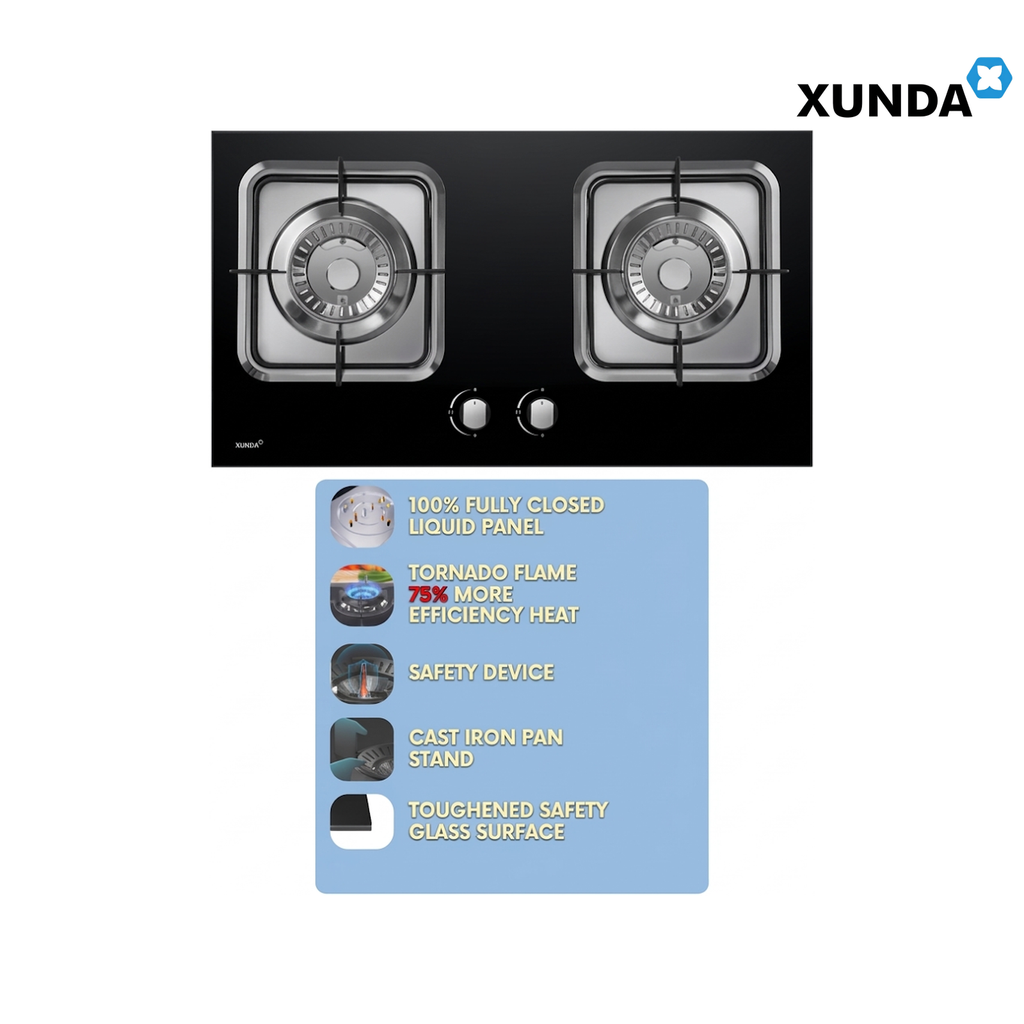 XUNDA 2-DS312T 720mm Toughened Glass Double Burner Gas Hob | Black
