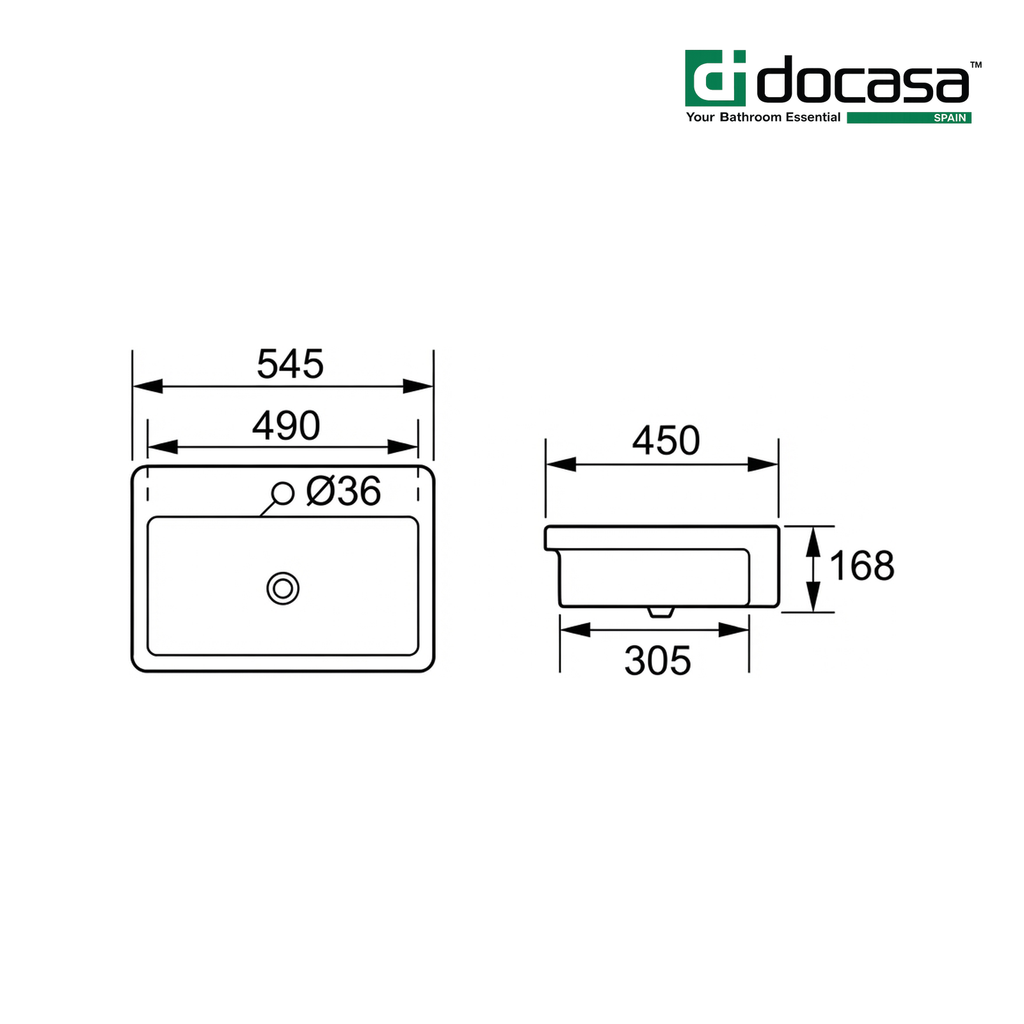 Docasa K14SR 545mm Ceramic Semi Recessed Basin | White Modern Wash Sink for Bathroom & Toilet