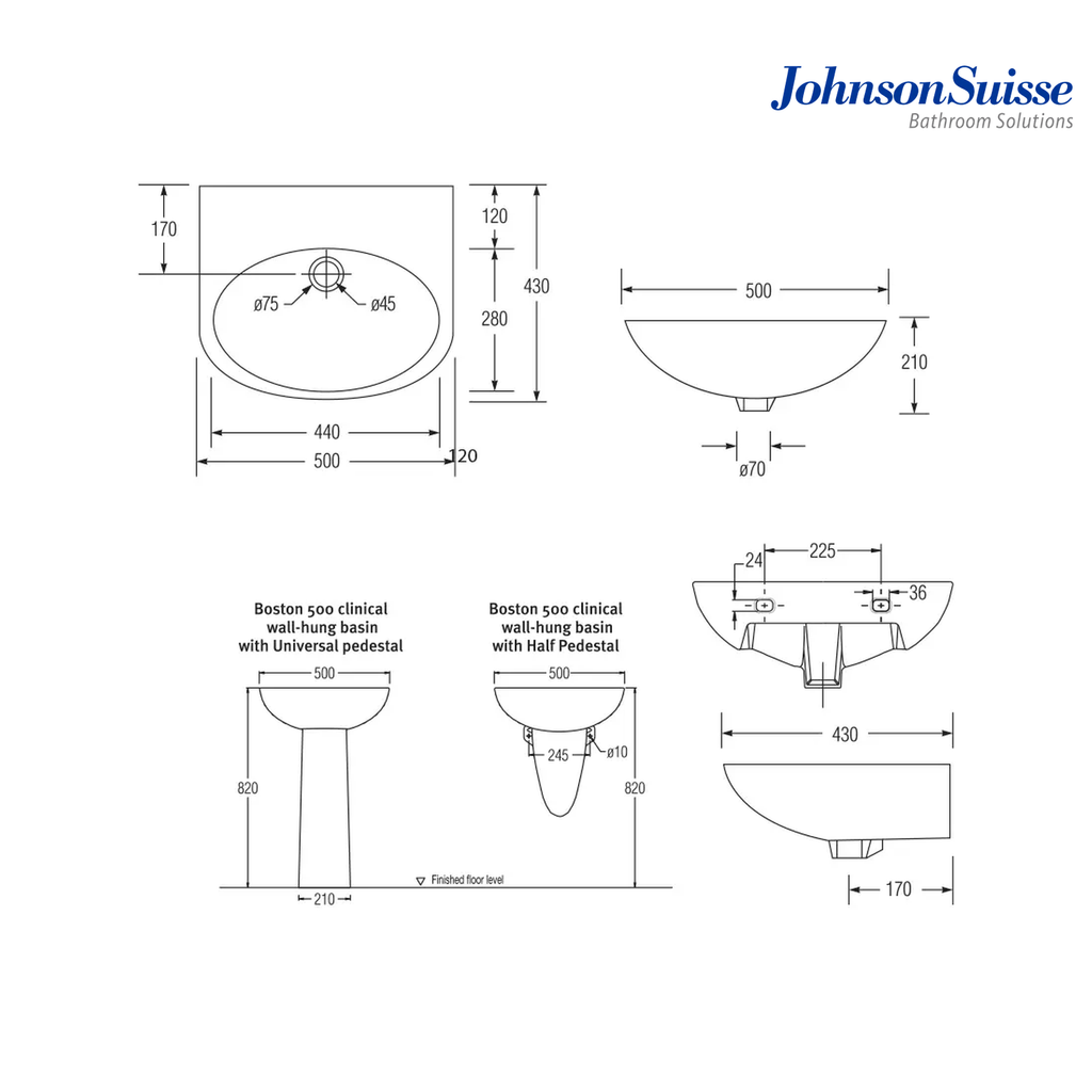 Johnson Suisse Boston 500 Clinical Oval Wall Hung Basin | White | 500MM