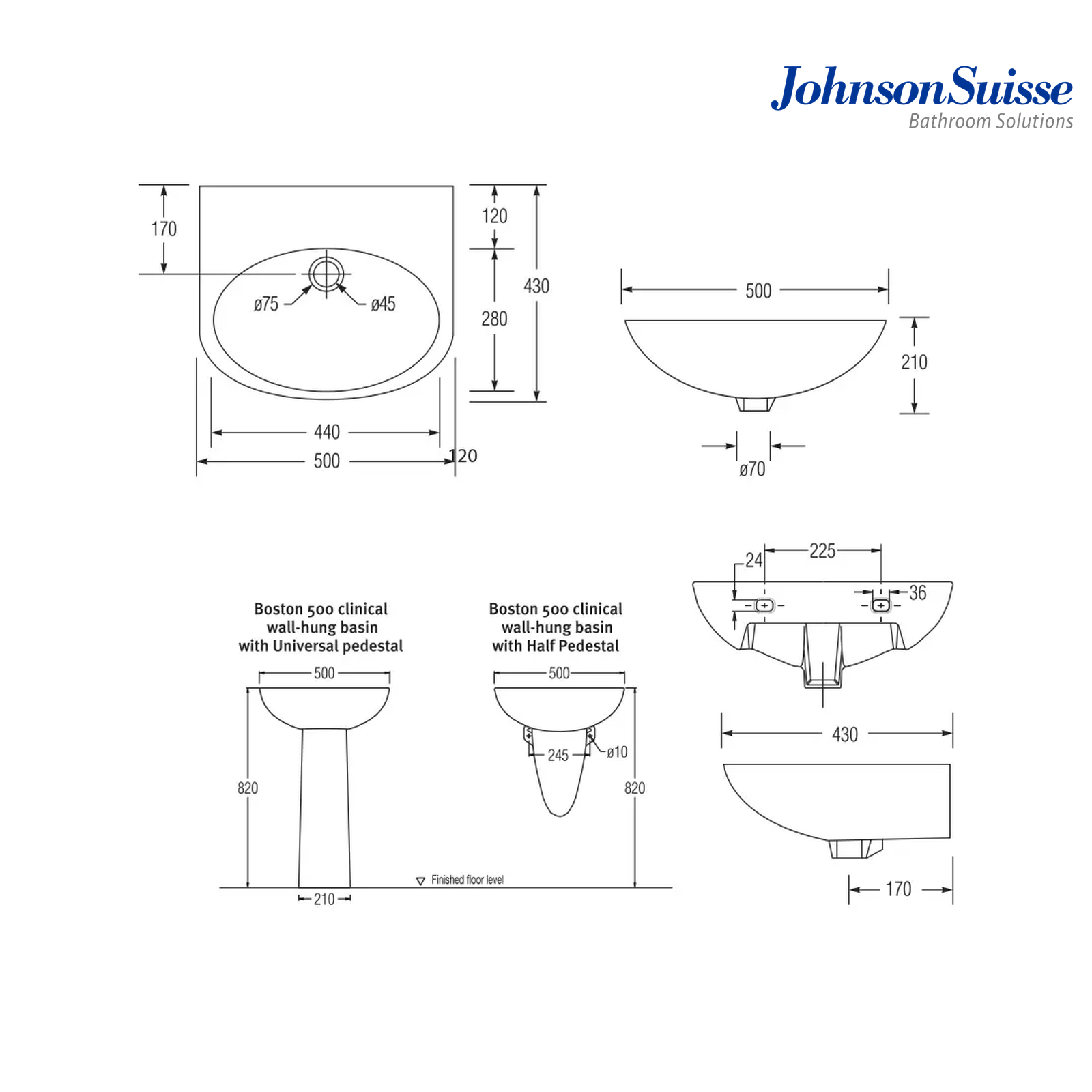 Johnson Suisse Boston 500 Clinical Oval Wall Hung Basin | White | 500MM