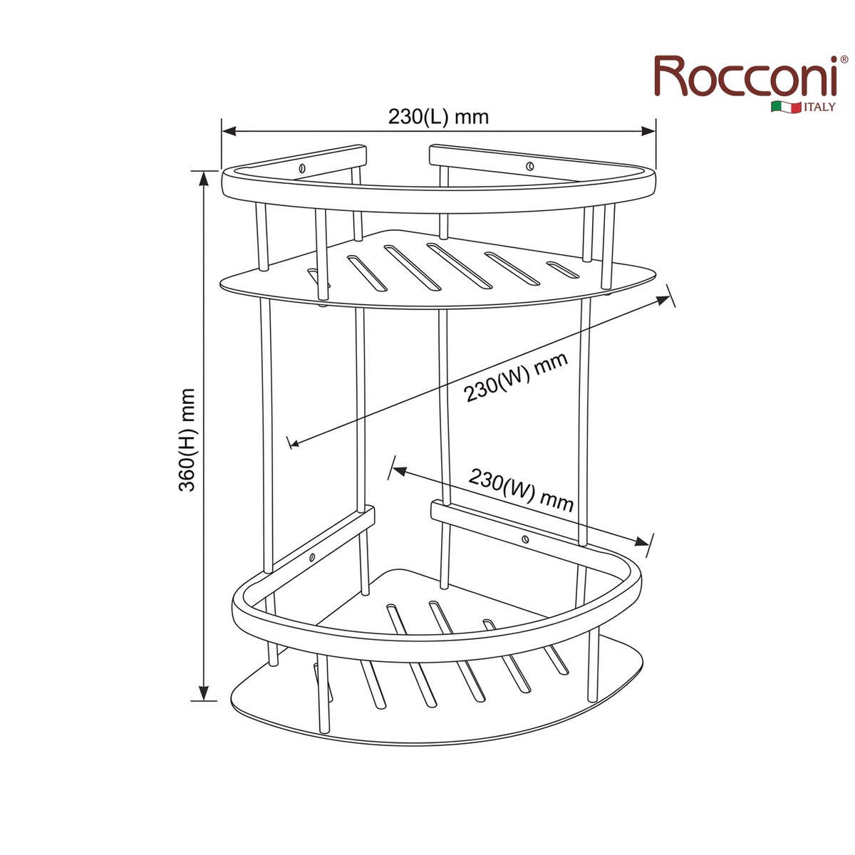 Rocconi RCN-24701GM 230mm 2-Layer Corner Shower Basket | Gun Metal