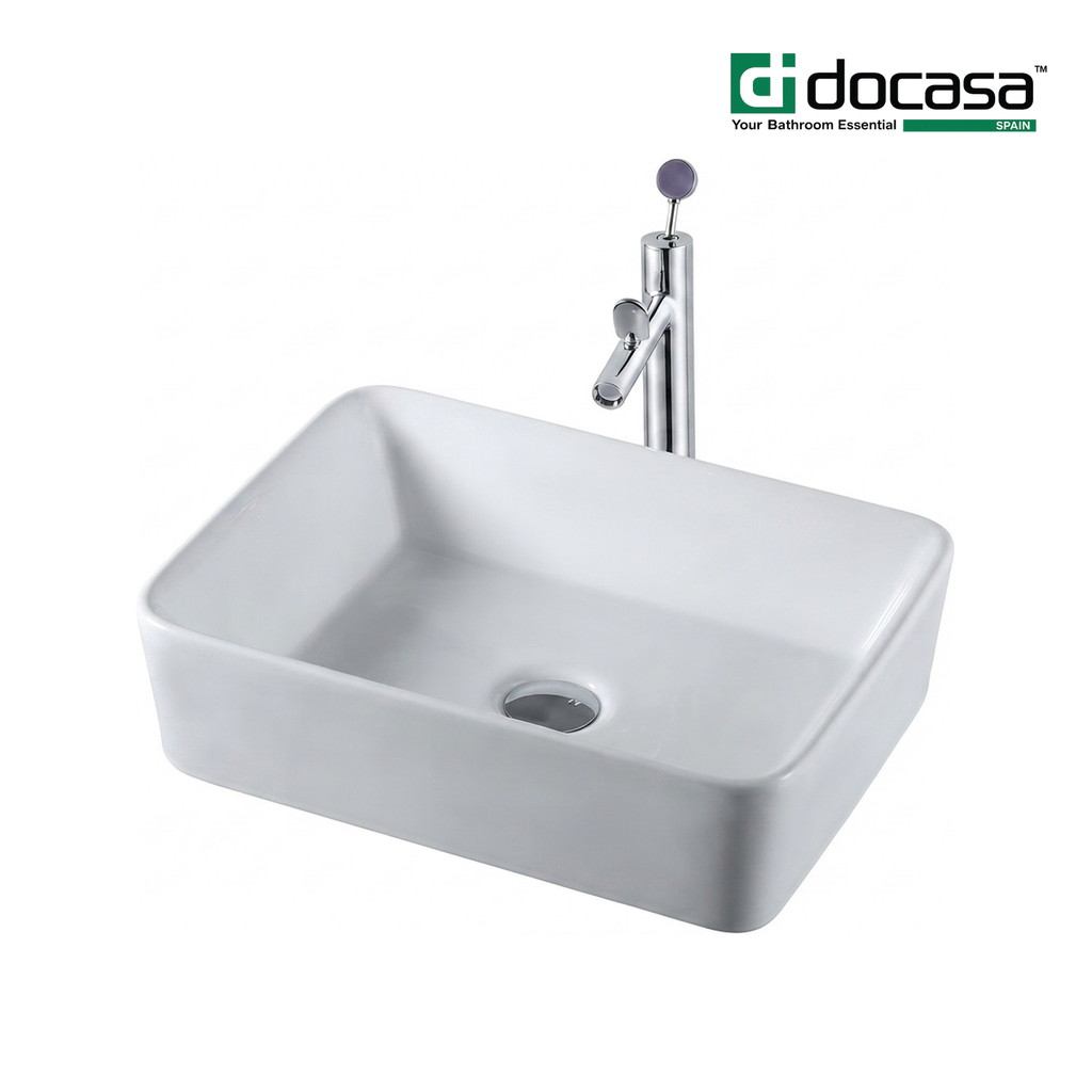 Docasa 285B 485mm Ceramic Counter Top Basin | White Modern Wash Sink for Bathroom & Toilet