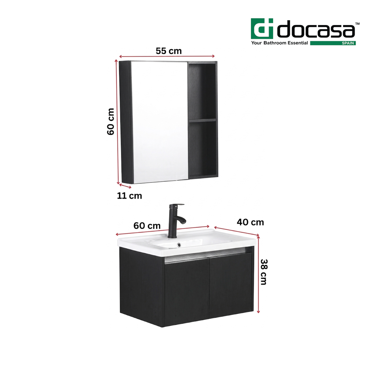 Docasa 604038-BC-BLK+604038-MR 600mm Basin Cabinet Set with Mirror Cabinet | Matt Black