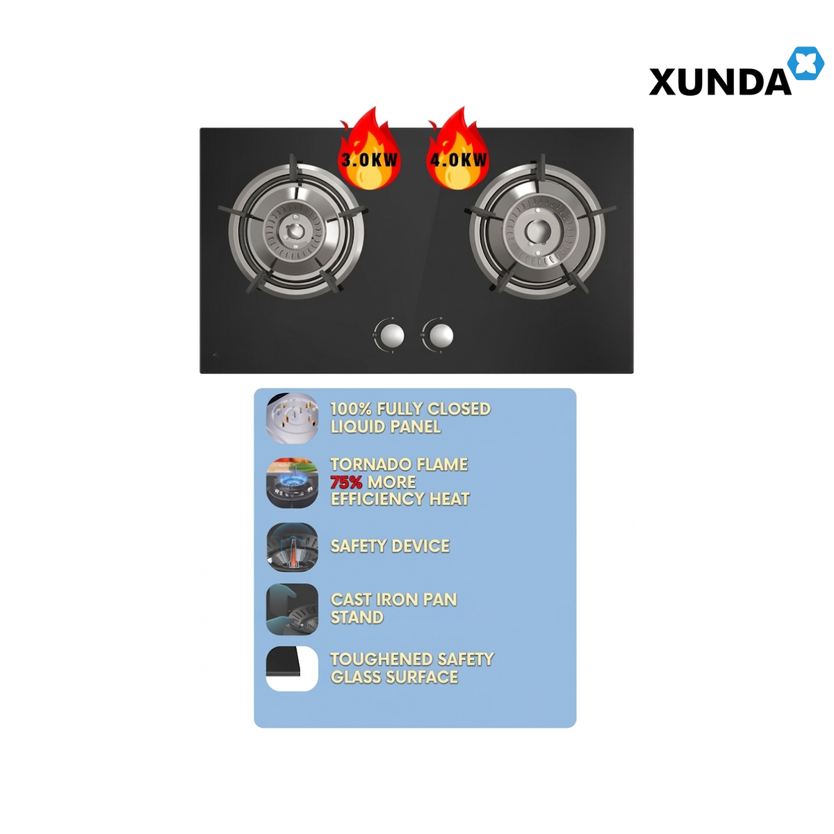 XUNDA 2-NB8303B Built-In 2 Sealed Burners Gas Hob | Black Toughened Glass