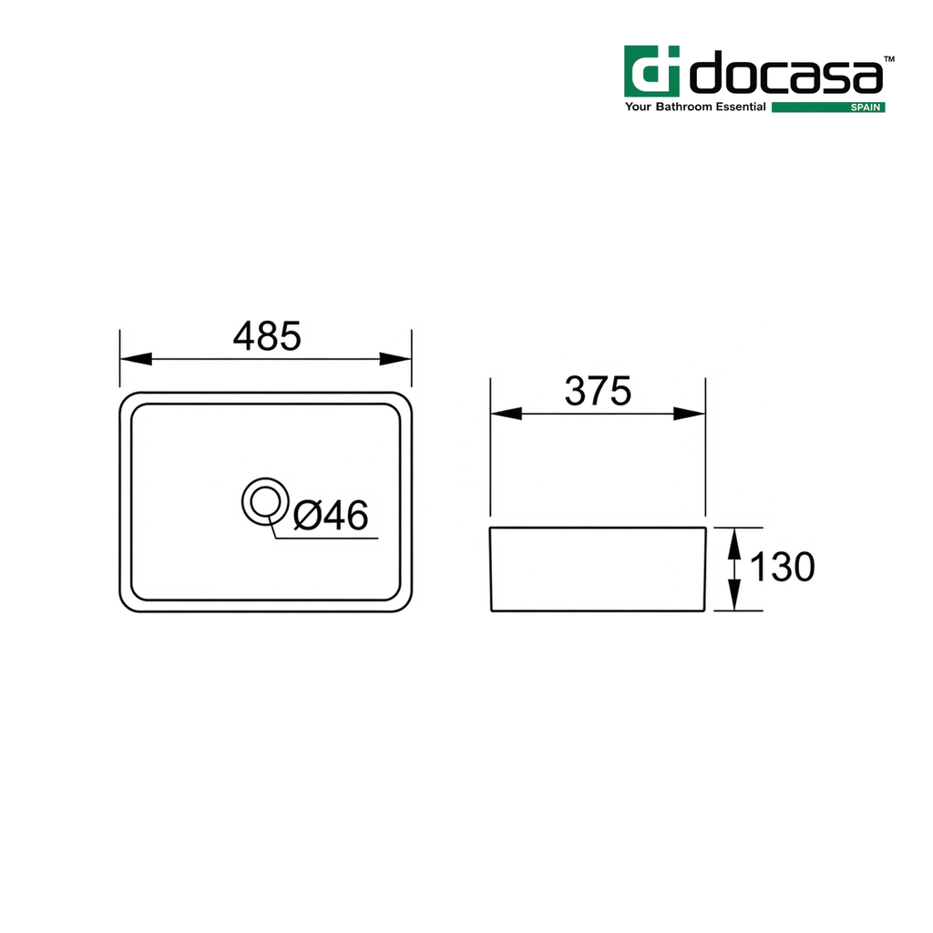 Docasa 285B 485mm Ceramic Counter Top Basin | White Modern Wash Sink for Bathroom & Toilet
