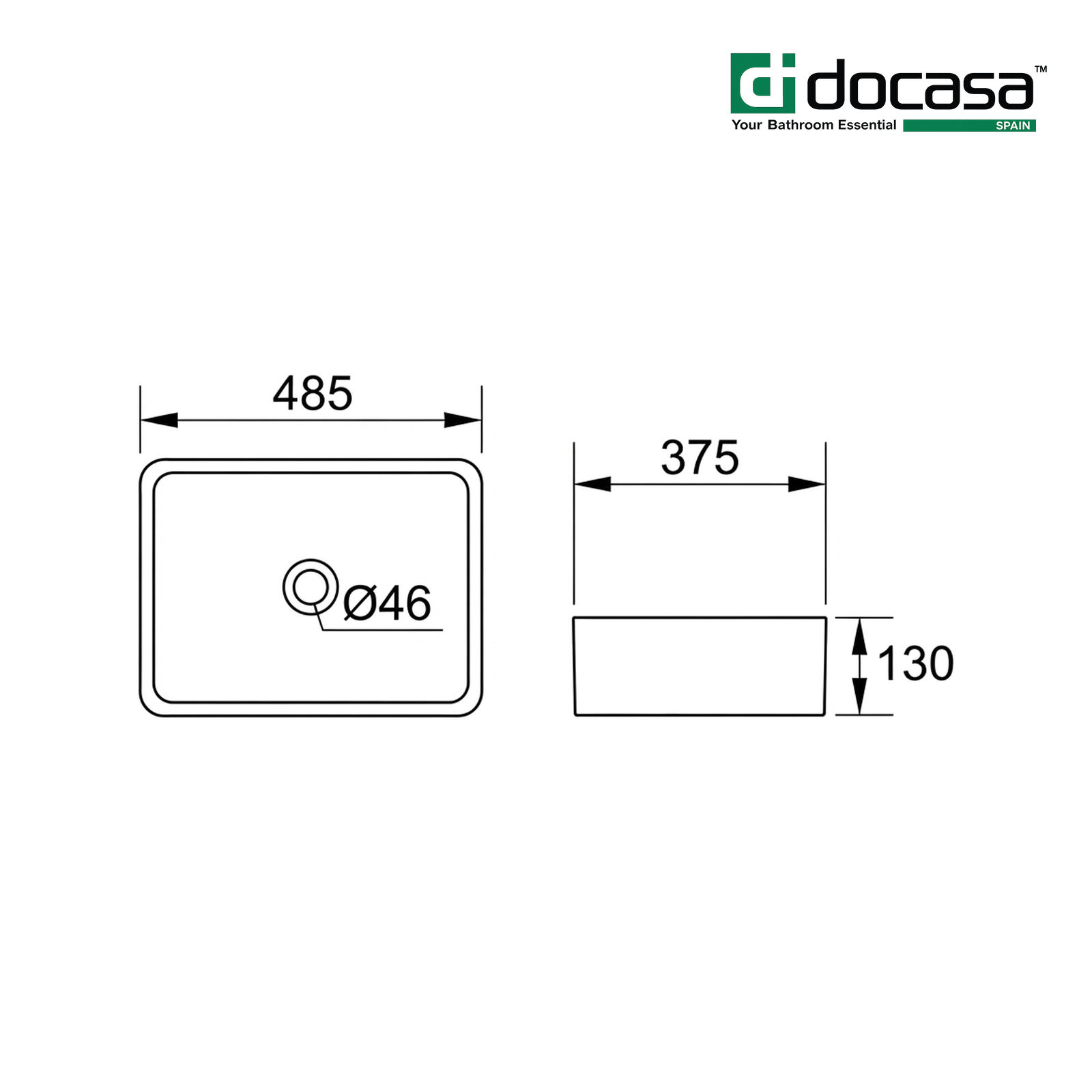 Docasa 285B 485mm Ceramic Counter Top Basin | White Modern Wash Sink for Bathroom & Toilet
