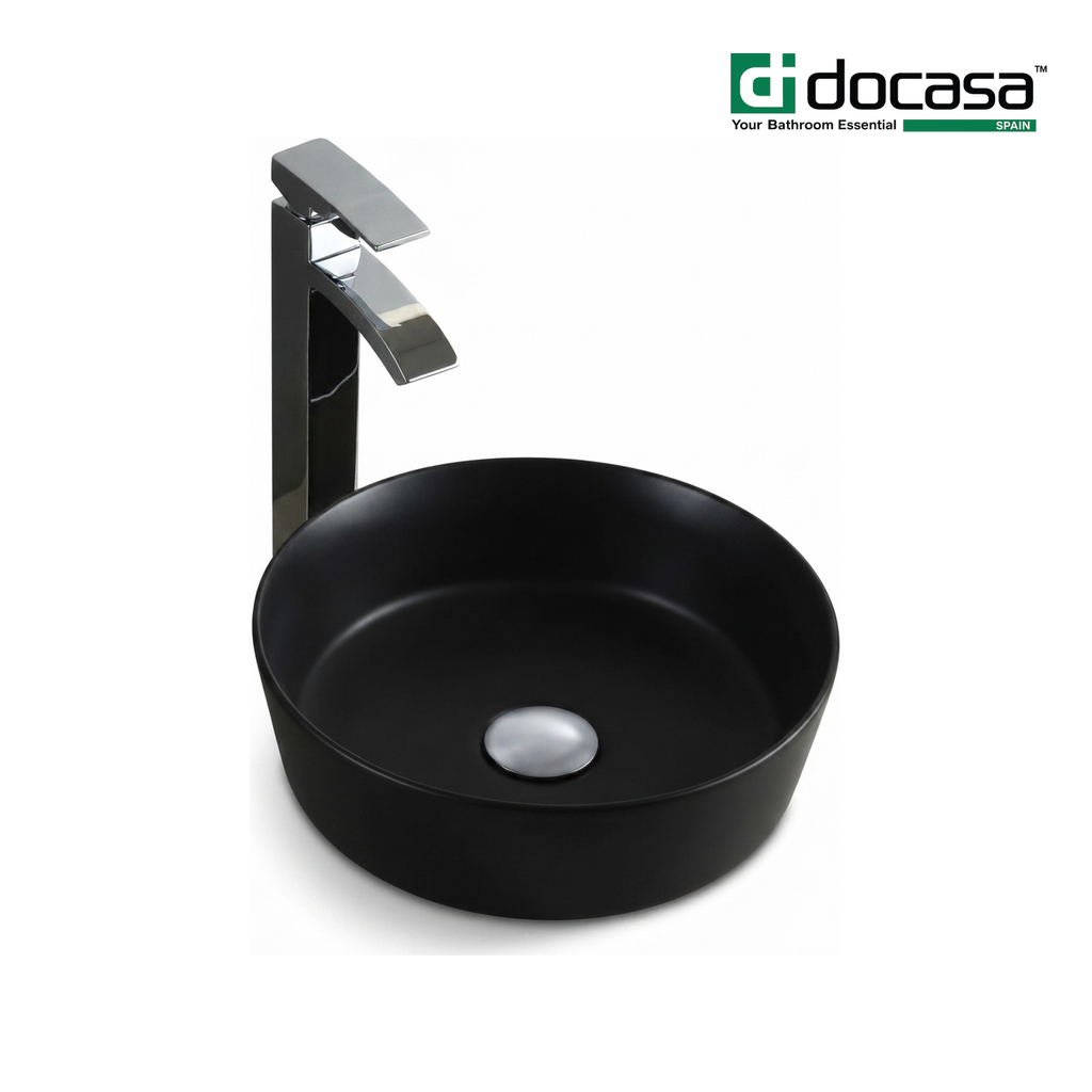 Docasa 499YA 360mm Ceramic Counter Top Basin | Matte Black Modern Wash Sink for Bathroom & Toilet