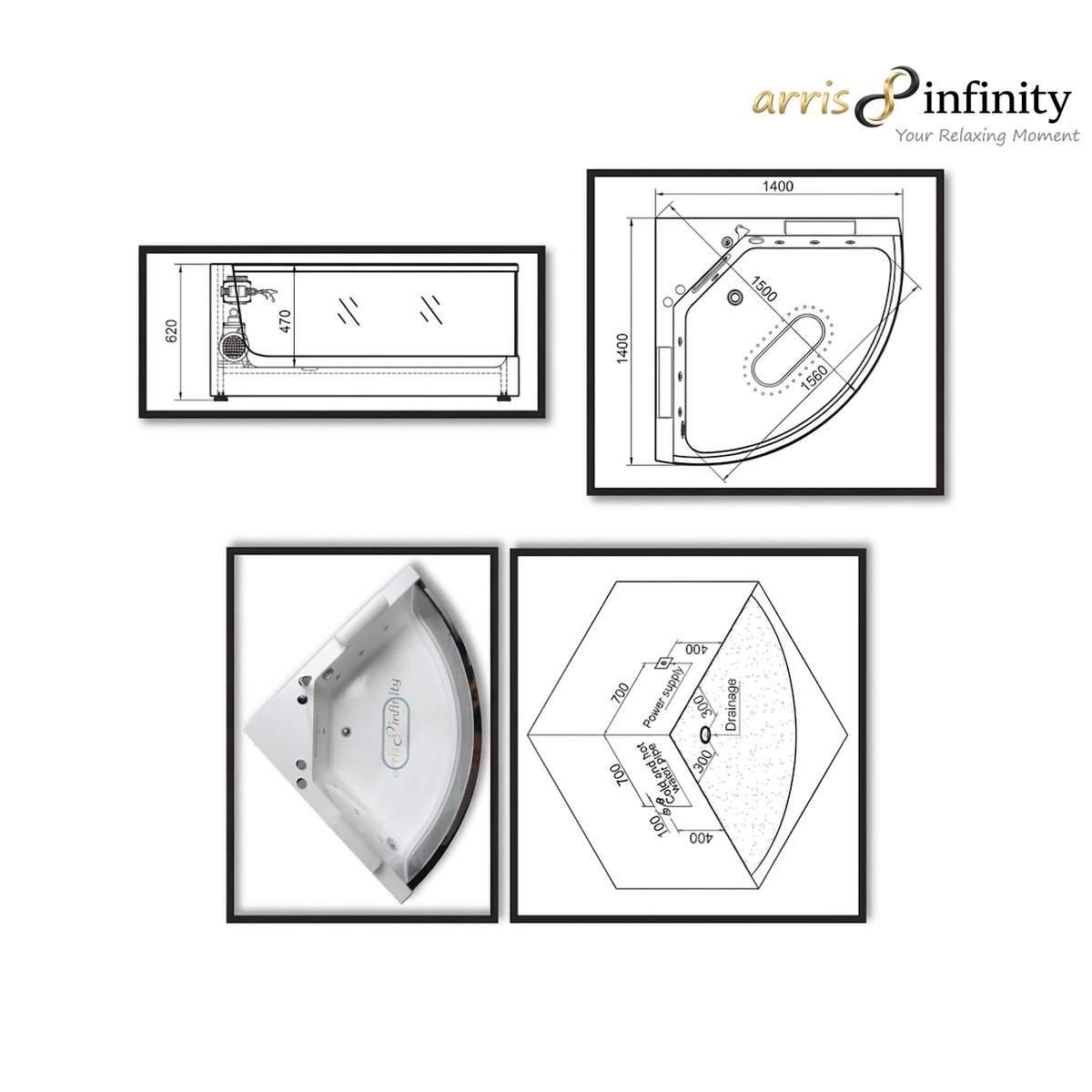 ARRIS INFINITY Carneiro 1400mm Triangular Massage Bathtub Luxury Jacuzzi | White