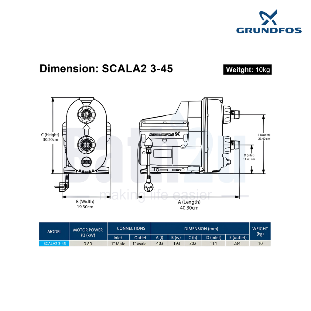 Grundfos SCALA2 3-45 550W 50 L/min Self-Priming Automatic Home Water Pressure Booster Pump