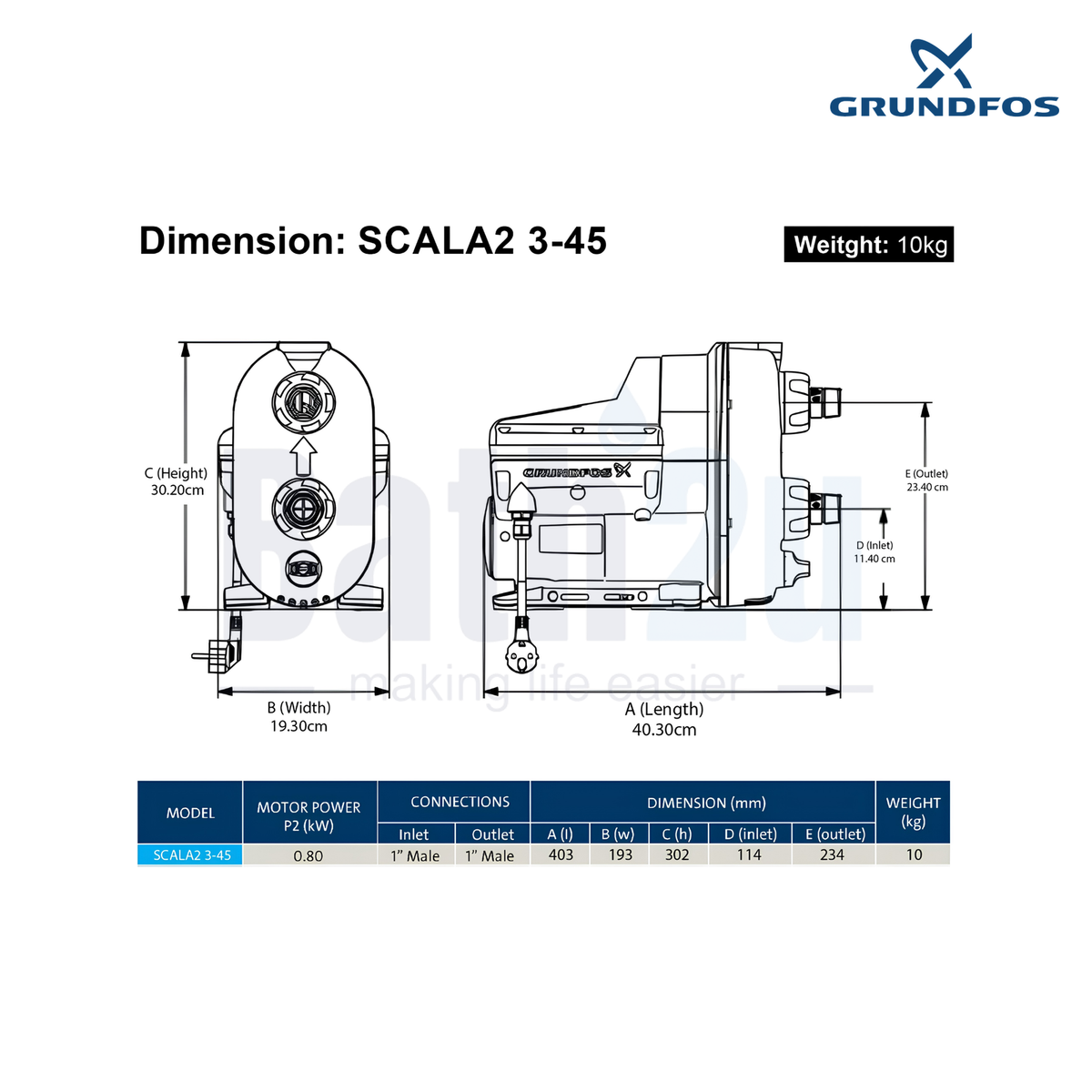 Grundfos SCALA2 3-45 550W 50 L/min Self-Priming Automatic Home Water Pressure Booster Pump