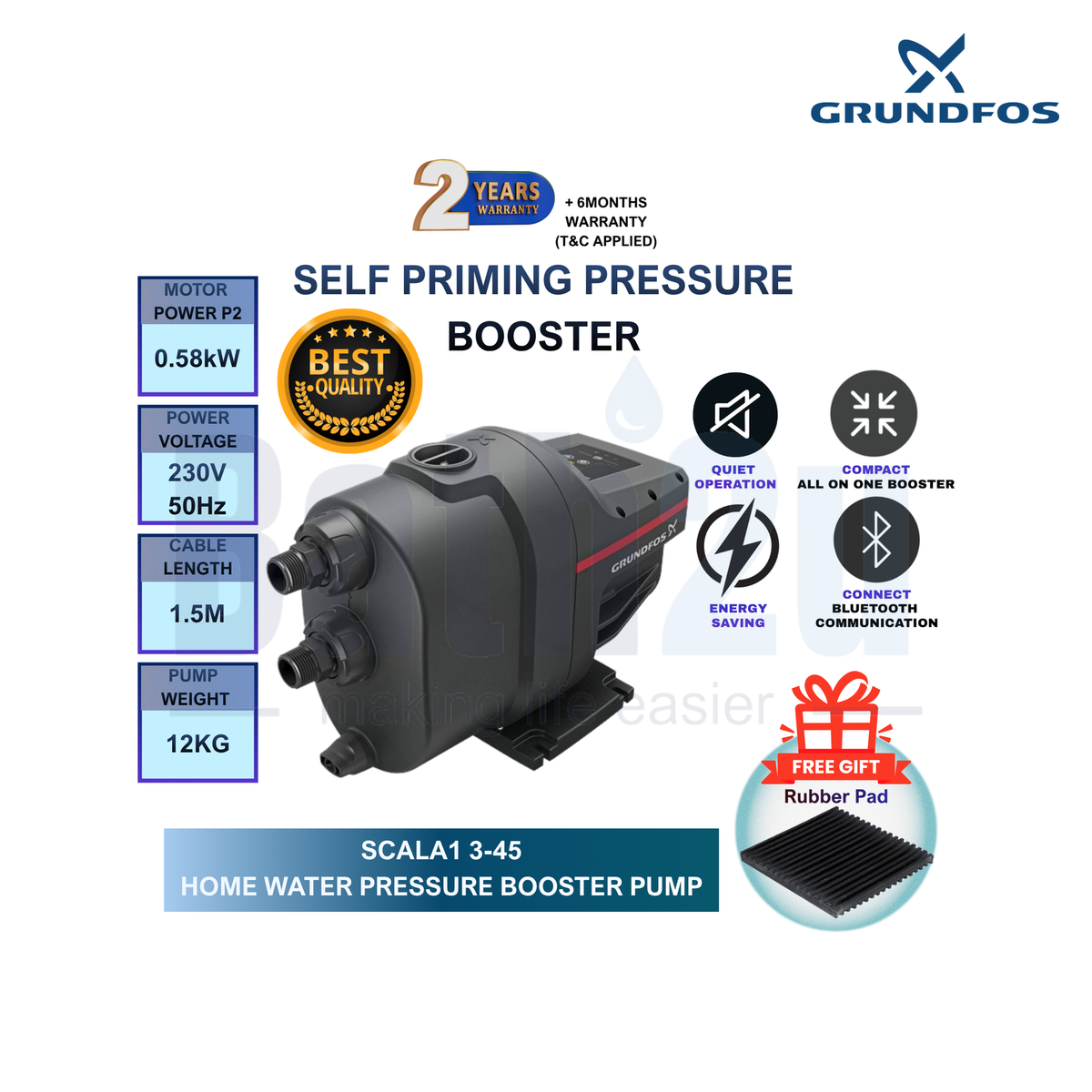Grundfos SCALA1 3-45 Smart Home Booster Water Pump  with Bluetooth Control | Quiet Self-Priming High Pressure Pump for 1-3 Bathrooms | 0.58kW