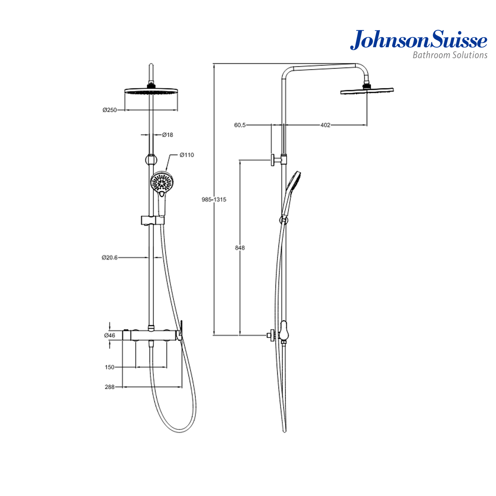 Johnson Suisse Gavi-N WBFA301657CP Shower Column with 10" ABS Shower Head & 2-Way ABS Hand Shower | Chrome