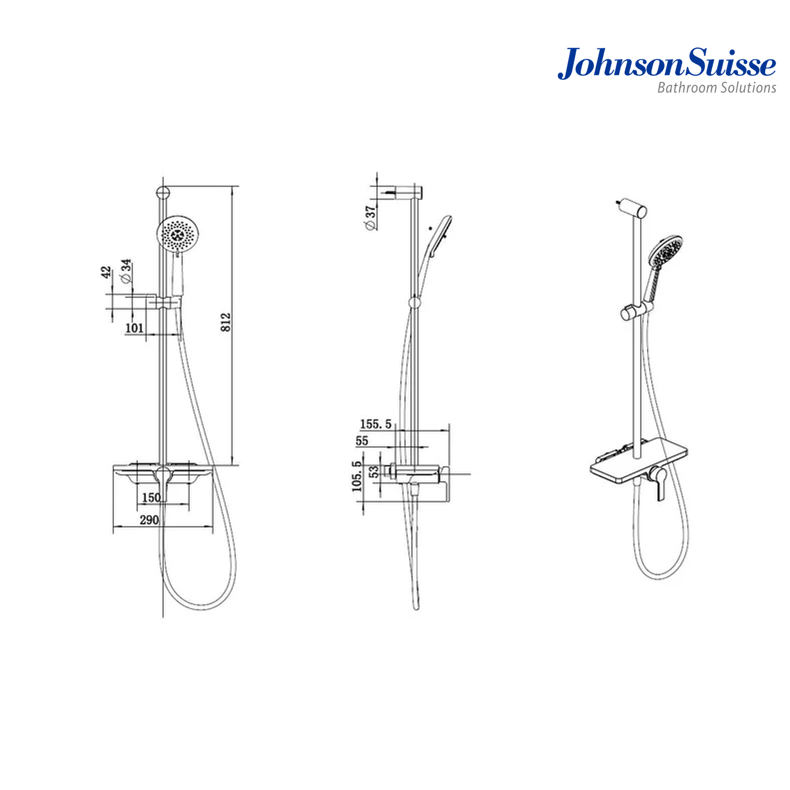 Johnson Suisse Trento WBFA301568CP Wall-Mounted Shower Mixer with Hand Shower & Sliding Bar | Chrome