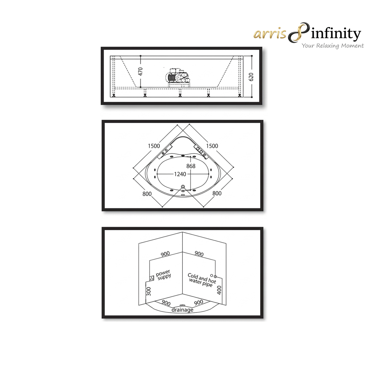 ARRIS INFINITY Antonio 1520mm Triangular Massage Bathtub Luxury Jacuzzi | White