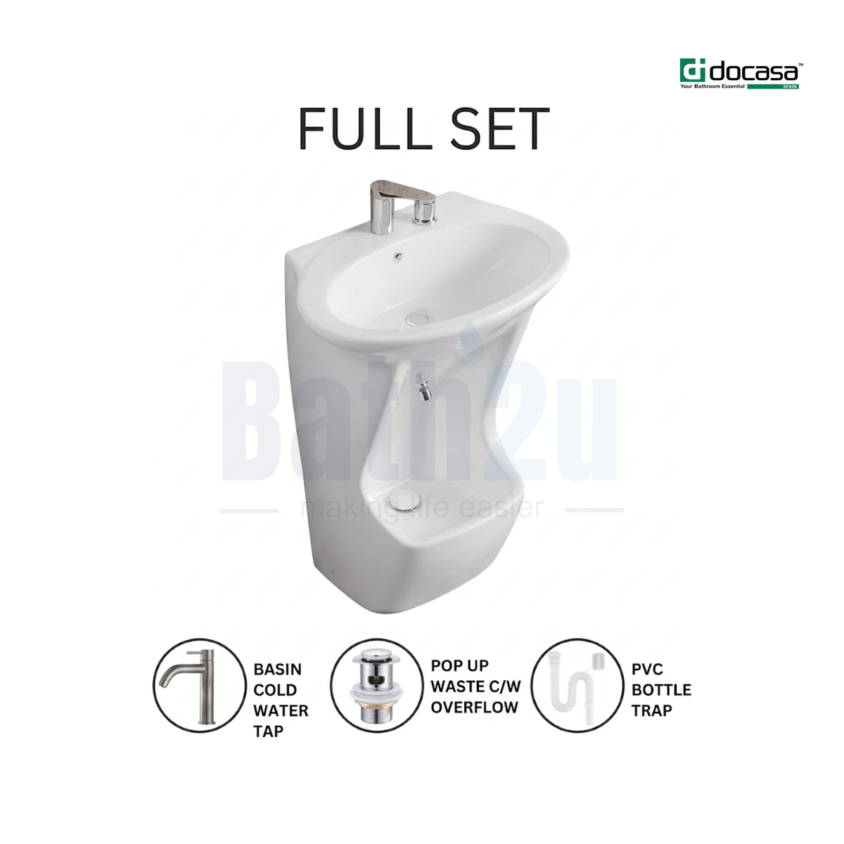 Docasa B666 500mm Floor-Mounted Wudu Basin | Premium High-Gloss Ceramic Glossy White