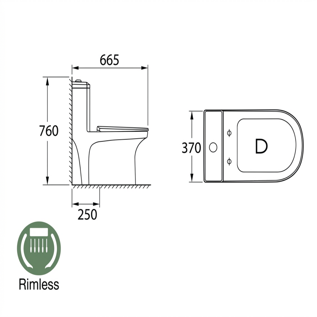 Docasa A388 S-Trap 250mm Bathroom One Piece Rimless Washdown WC Water Closet 1 Piece Jamban Duduk