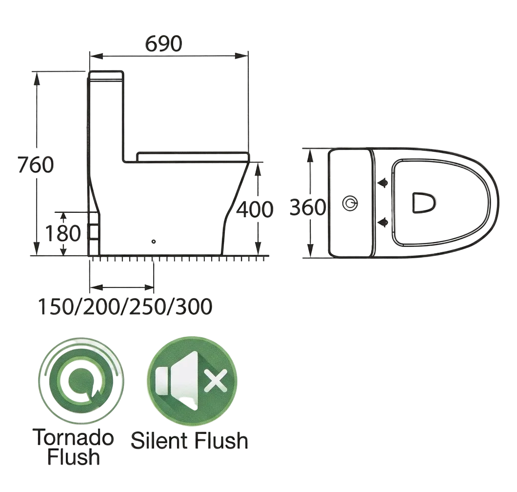 Docasa A376 P-trap 180mm S-Trap 200mm 250mm 300mm Bathroom One Piece Rimless Tornado Flush Washdown WC Water Closet 1 Piece Jamban Duduk