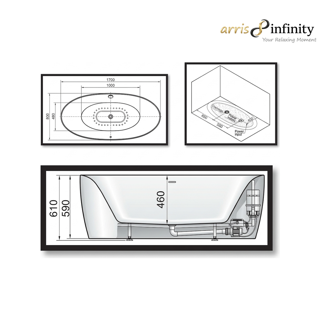 ARRIS INFINITY LUZIA 1700mm Rectangular Stand Alone Bath Tub | White
