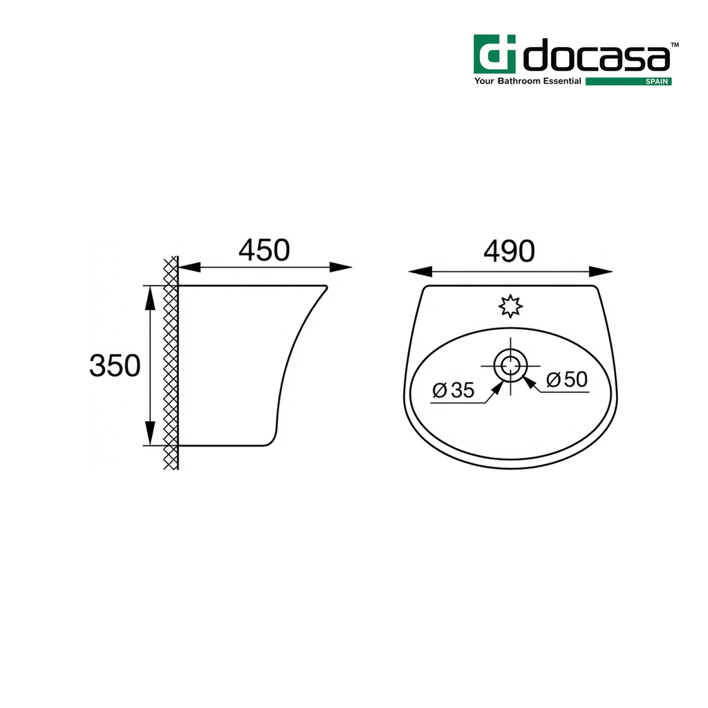 Docasa 5600C 480mm Ceramic Wall Hung Basin | White Modern Wash Sink for Bathroom & Toilet